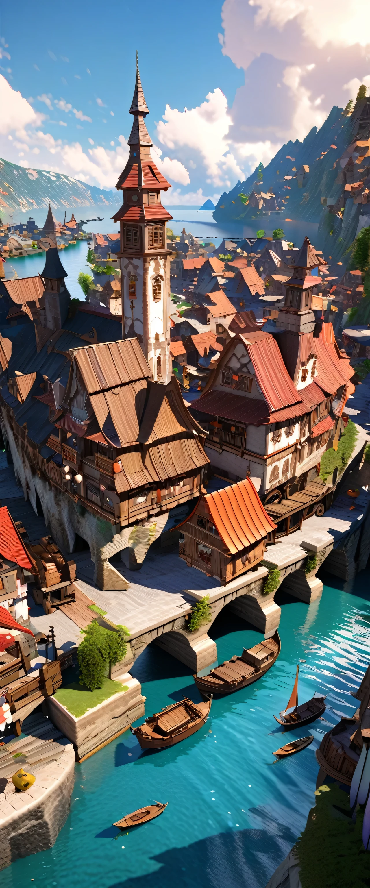 Fantasy painting of a riverside village, Render in Cinema4D, Bulbous, Precise nautical details, Creative character design, Whimsical cartoon style, 32k uhd --ar 2:1