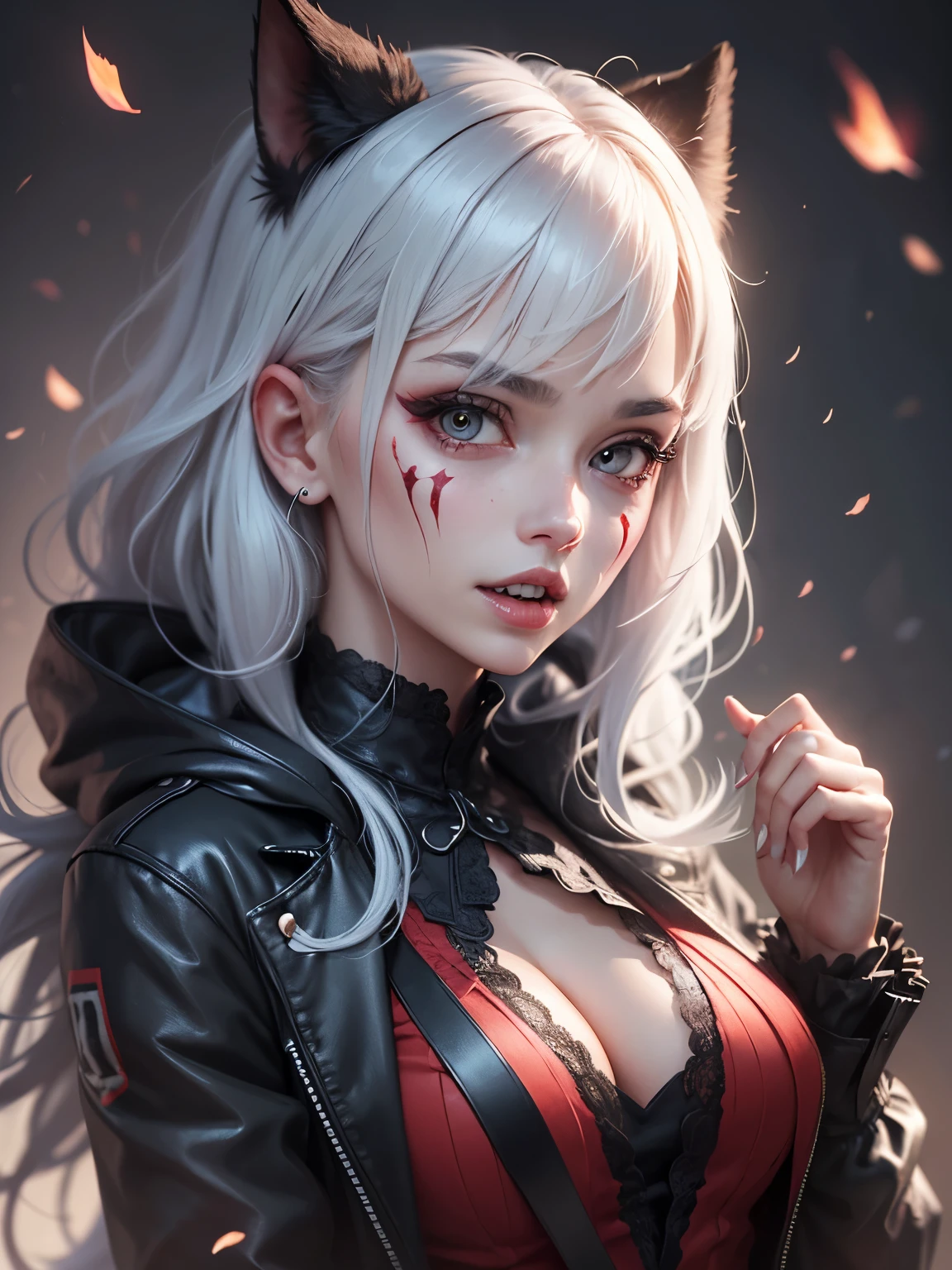 Dark joker woman, sorting sharp teeth, red eyes black clothing, white hair