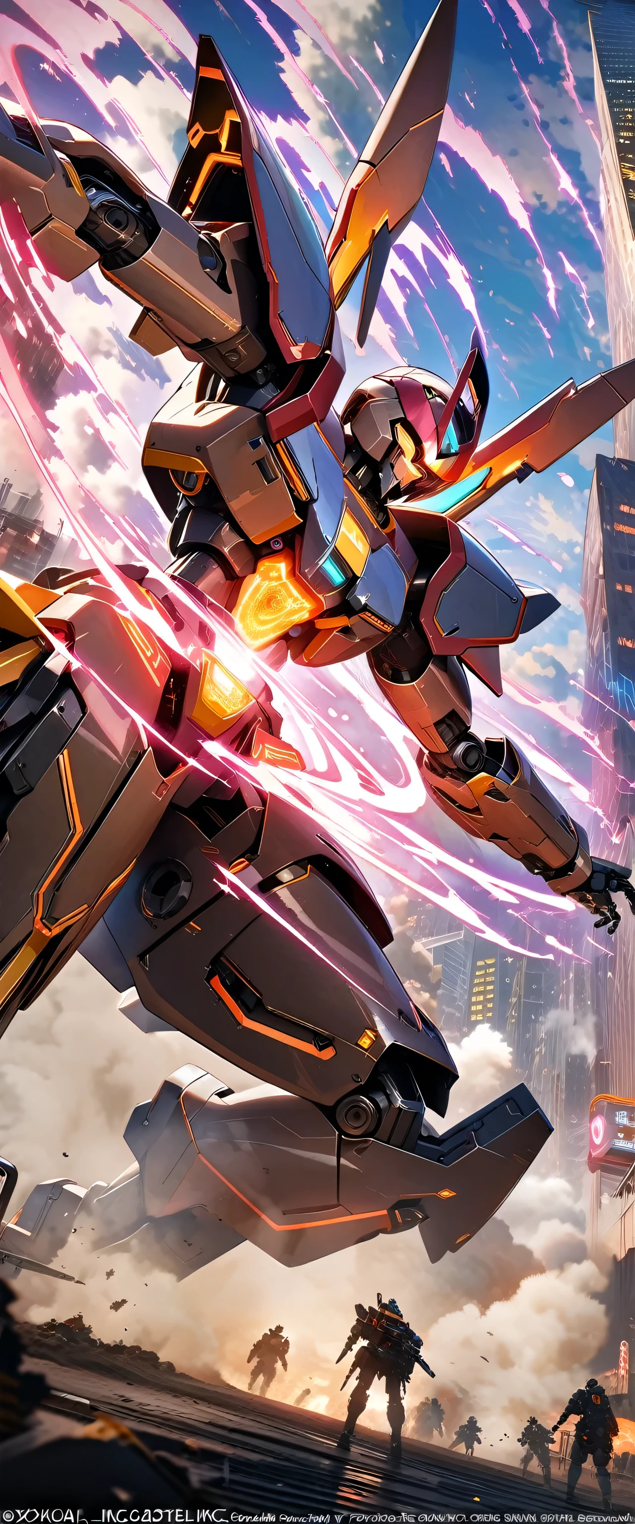 masterpiece,Official Art,8k, masterpiece, highest quality, Very detailed, Futuristic, dynamic, Shine, metallic, robot,, , Cybernetic World,Mecha:1.2,Energy Wave,explosion,High Tech Building,Neon Light,Smoke and dust.