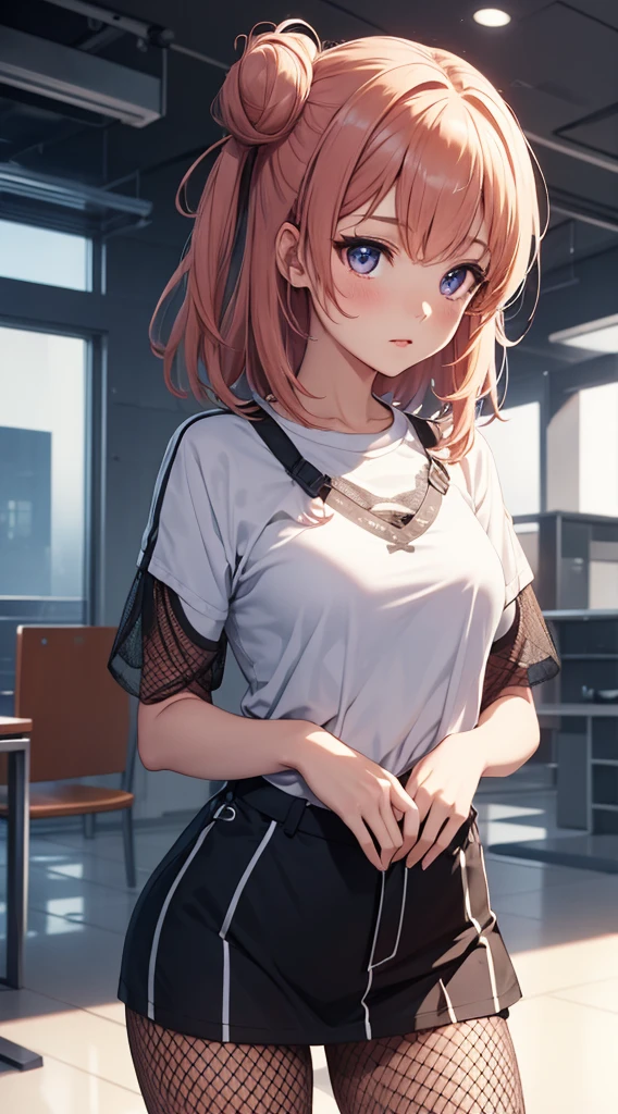 1girl, solo, masterpiece, best quality, high res, highly detailed, (illustration), beatiful detailed eyes, yuigahama yui, single hair bun, glossy lips, light makeup, standing, t-shirt, (fishnet)