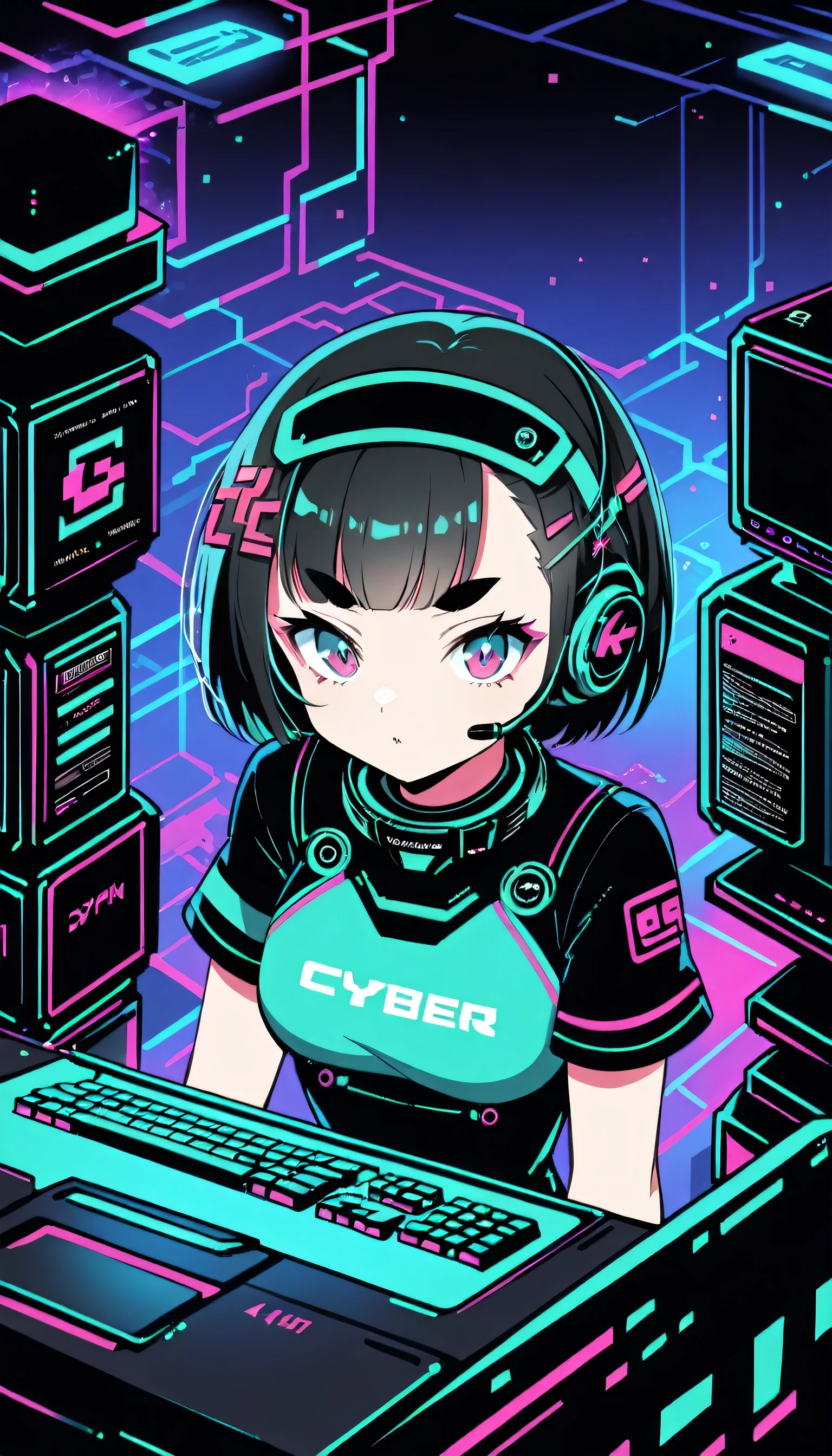 4 cards cartoon style, cyber punk, short hair, Thick eyebrows, Digital Punk, Anime Style 4k, Short sleeve gaming wear, Black Hair, Computer Lab, Over-the-head gaming headset