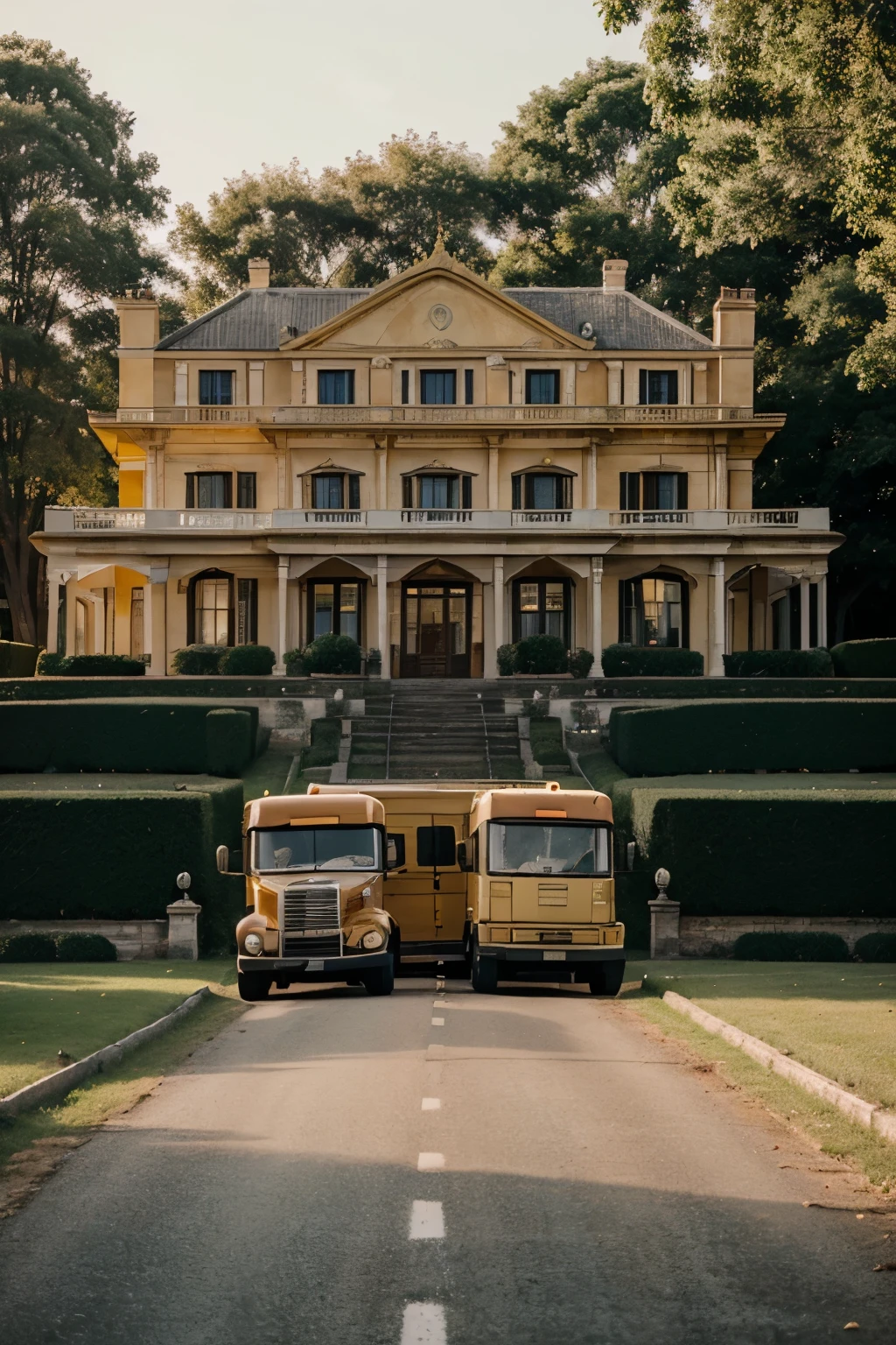 A graceful big classic golden house is surrounded by golden fencing is exist near river and the road which is glowing is in front of house. The lorry car with full of gold are coming to the house and three people carry gold stone to the home. This home is very classic and represent rich, graceful , pleasure