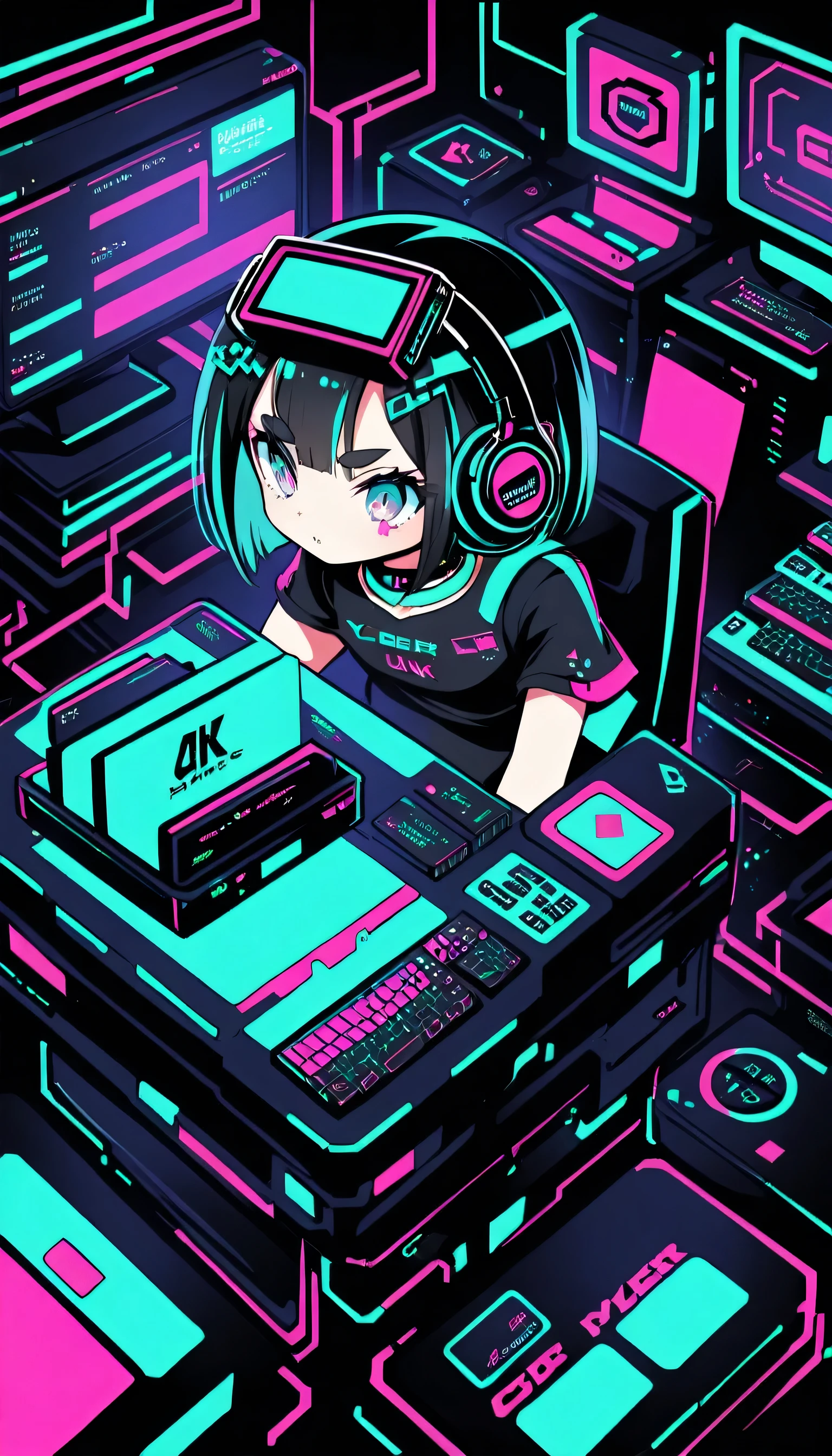 4 cards cartoon style, cyber punk, short hair, Thick eyebrows, Digital Punk, Anime Style 4k, Short sleeve gaming wear, Black Hair, Computer Lab, Over-the-head gaming headset