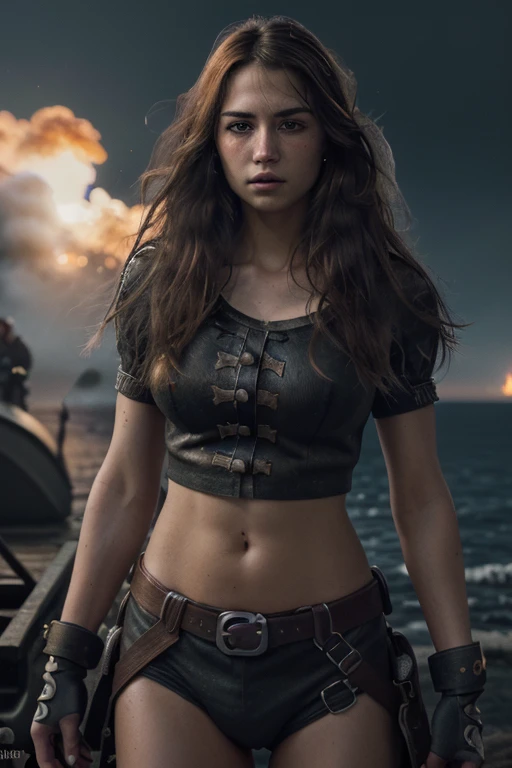 (Ultra quality: 1.2), (Ultra detailed: 1.2), (Ultra detailed clothing: 1.2), (Ultra detailed face: 1.2), (Ultra detailed eyes: 1.2), (Ultra detailed body: 1.2), (Ultra detailed weapons :1.2), 1 female pirate, standing on deck, different hair colors, sword fights, battlefield in the background, fire in the background, night, epic light, dramatic sky, RAW photo, (highly detailed skin:1), (realistic, photorealistic:1.40), Ultra high resolution, professional lighting, 8k hd , dslr, high quality, film grain, Fujifilm film, Fujifilm XT3, RAW Photo