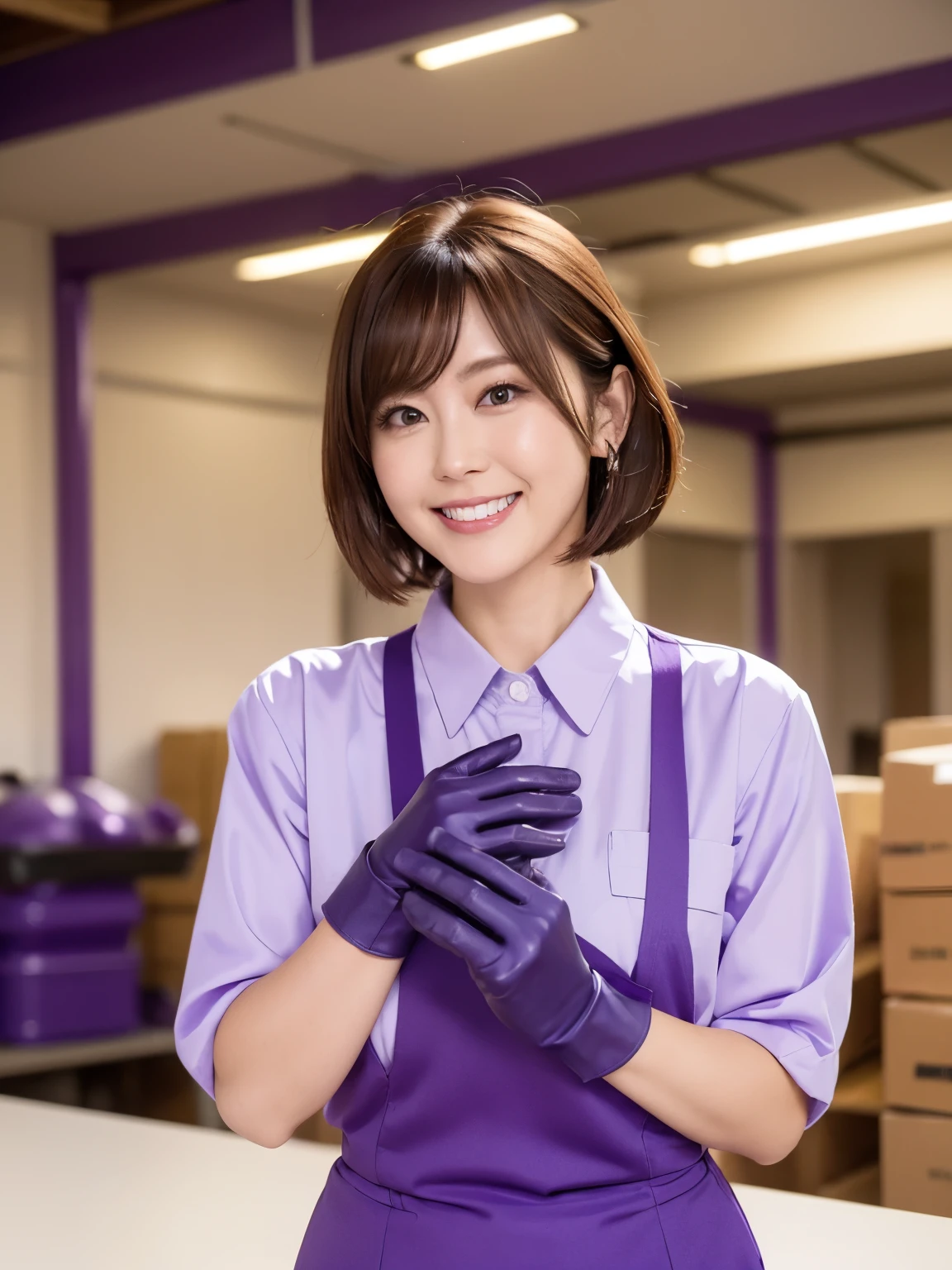 woman, 30th Generation, Japan,Wearing a work shirt,(smile:1.6),Tour the Warehouse,use,Rubber gloves、Purple Rubber glovess、Purple Rubber glovess、long Rubber glovess in purple color,,、Shiny purple gloves、(woman二人が写っている:1.6)、(Very short hair:1.2)、(Standard body shape)、(D cup breasts)