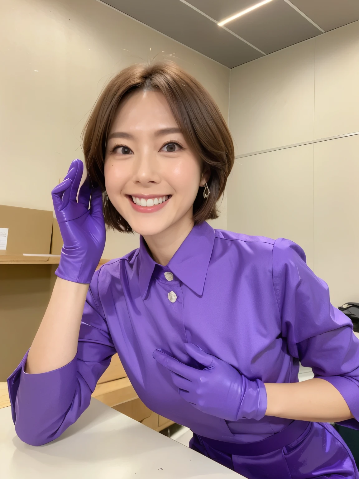 woman, 30th generation, Japan,Wearing a work shirt,（smile:1.6),Tour the Warehouse,use,Rubber gloves、Purple Rubber glovess、Purple Rubber glovess、long Rubber glovess in purple color,,、Shiny purple gloves、（woman二人が写っている:1.2)、（very short brown hair:1.3)