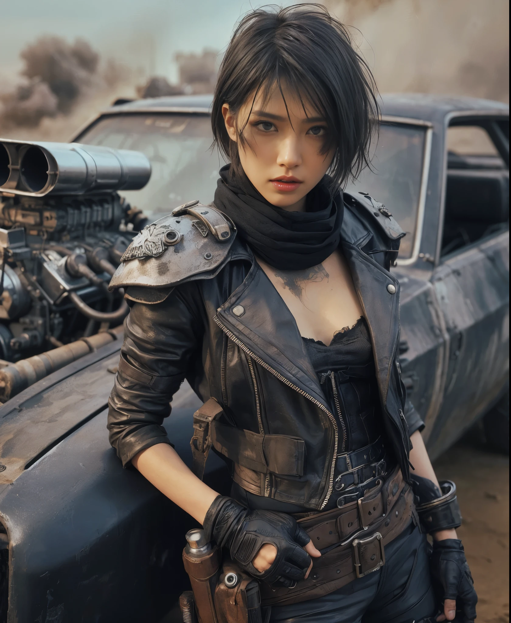 8k,Realistic Skin Texture、Superrealism、Realistic Photo、Japanese women、mad max images、In the wasteland、Rider's jacket with protectors、Standing next to a beat-up black supercharged car、boots、Determined to Revenge、Face Paint