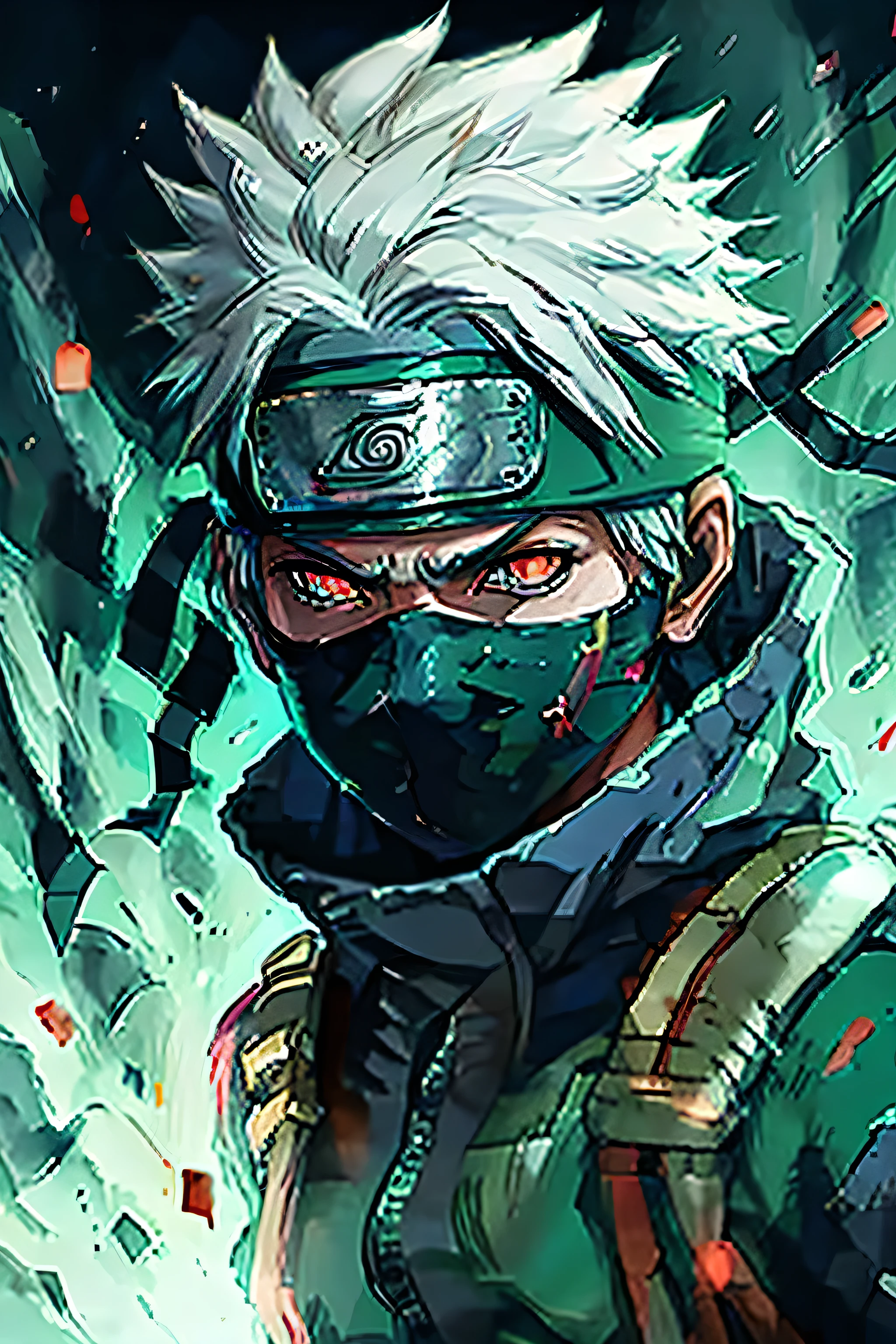 Kakashi, 1boy, solo, malefocus, with light glowing, red pupils, looking at viewert, glowing light eyes, ninjartist,