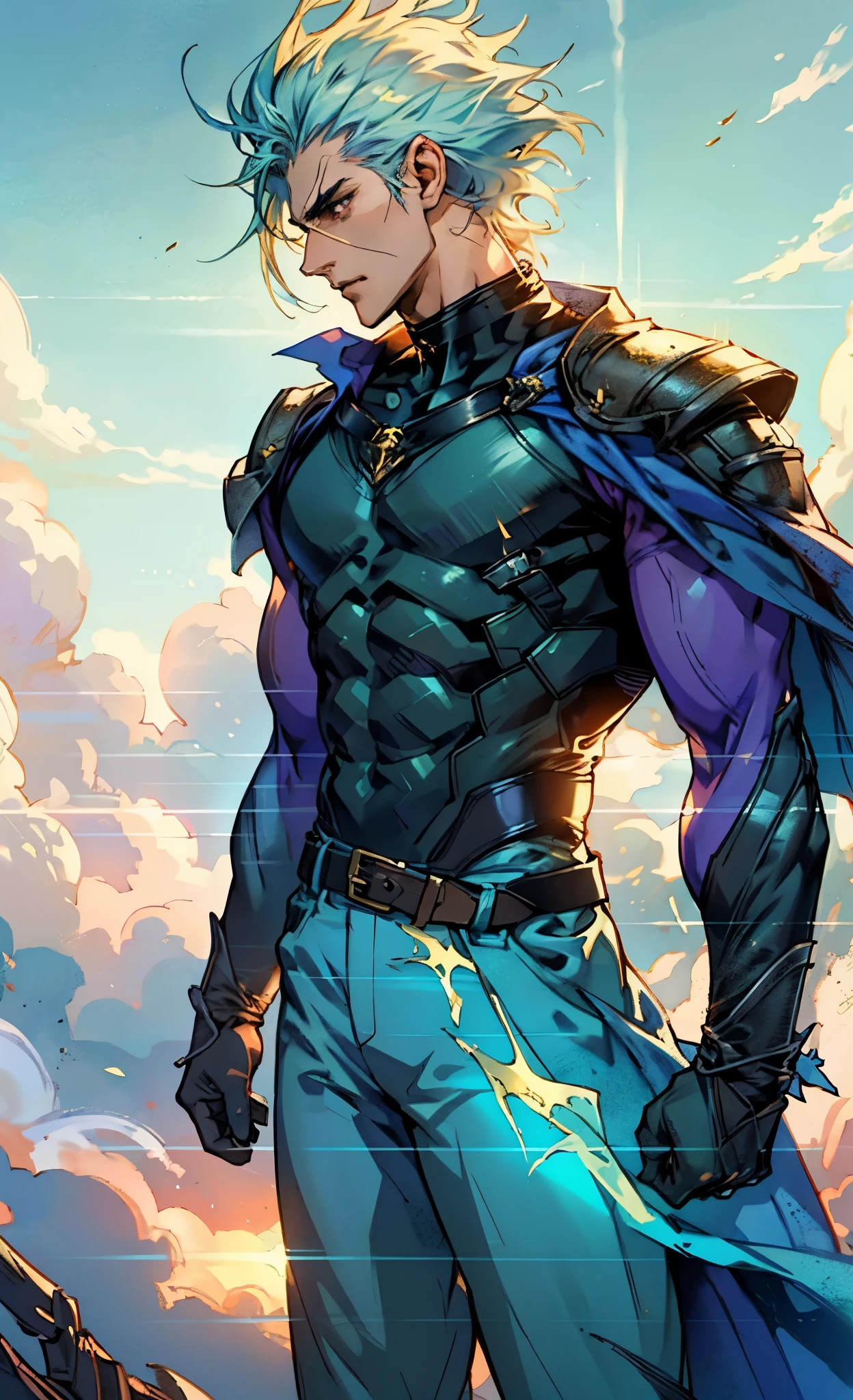 A young man with burgundy spiky short hair, middle part bangs, a disdainful look, slender eyebrows, delicate features, a robust physique, a fantasy-style purple and white leotard, a black collar connected to a dark blue cape, a white belt attached to a red and white hem, sky-blue trousers, green flowing light surrounding him, standing on a long street at night, side view, this character embodies a finely crafted fantasy-style warrior in anime style, exquisite and mature manga art style, dramatic, high definition, best quality, highres, ultra-detailed, ultra-fine painting, extremely delicate, professional, perfect body proportions, golden ratio, anatomically correct, symmetrical face, extremely detailed eyes and face, high quality eyes, creativity, RAW photo, UHD, 32k, Natural light, cinematic lighting, masterpiece-anatomy-perfect, masterpiece:1.5