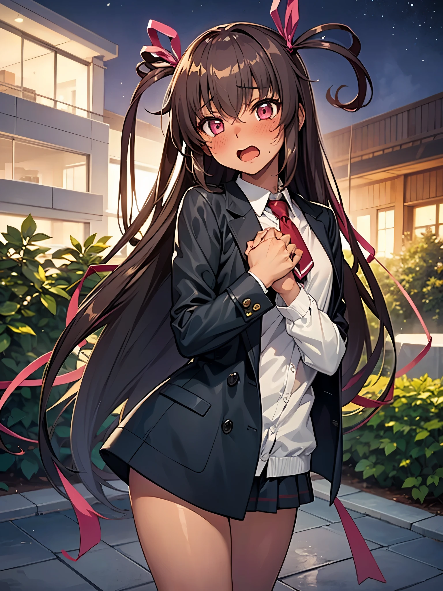 NSFW,1 girl,mizuki yukikaze,Hair Ribbon,Long coat,Open front,(Perfect hands),(Perfect Anatomy),(masterpiece),(highest quality),(Embarrassed:1.5),blush,night,garden,Open your mouth、Sticking out tongue,Are standing
