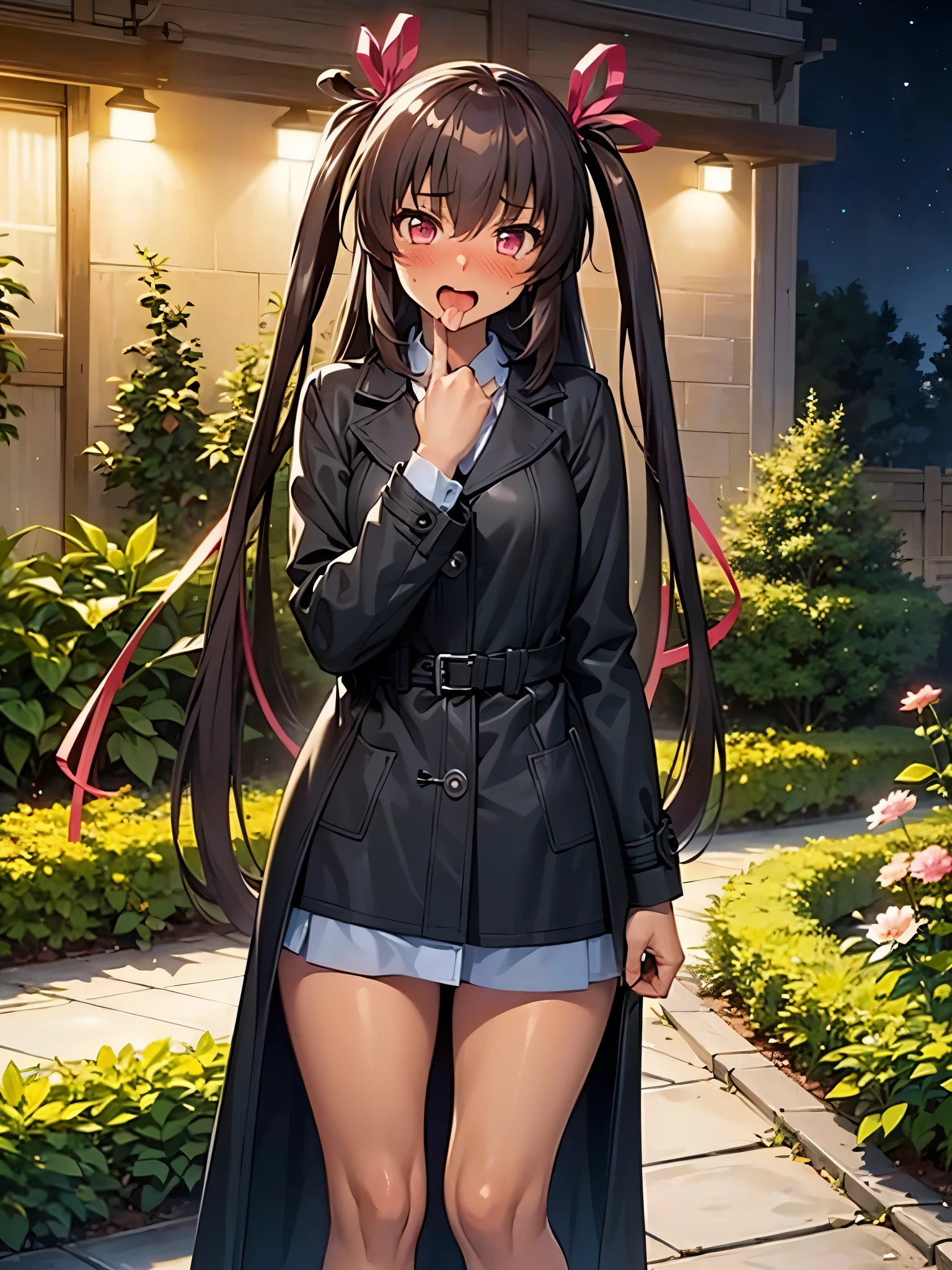 NSFW,1 girl,mizuki yukikaze,Hair Ribbon,Long coat,Open front,(Perfect hands),(Perfect Anatomy),(masterpiece),(highest quality),(Embarrassed:1.5),blush,night,garden,Open your mouth、Sticking out tongue,Are standing