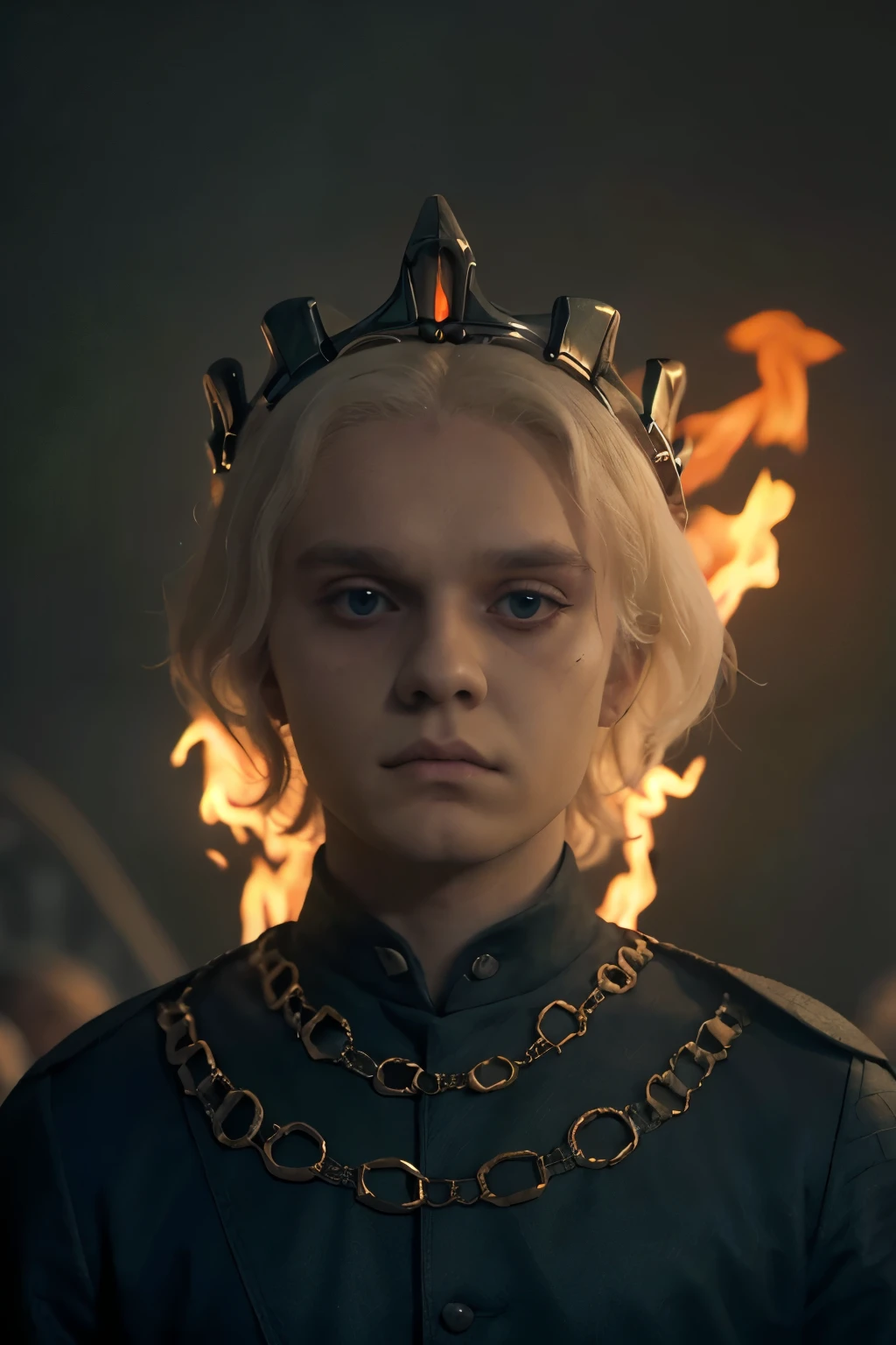 (masterpiece, best quality:1.2), solo, (((Cinematic epic poster))) of Aegon II Targaryen,) ((wearing a heavy large crown)) , Gothic style, (a detailed RAW photo of a ), (master part:1.0), (best quality:1.4), (Ultra Highres:1.2), (photorealistic:1.4), 8K resolution, Canon EOS R5, 50 millimeters, Absurd, Ultra Detailed, sharp focus, Cinematic lighting, detailed face, (ULZZANG-6500-V1.1), detailed skin texture, pale skin, chest round, (pale :0.5), Cinematic lighting. (((Abstract flames background, cinematic lighting )))