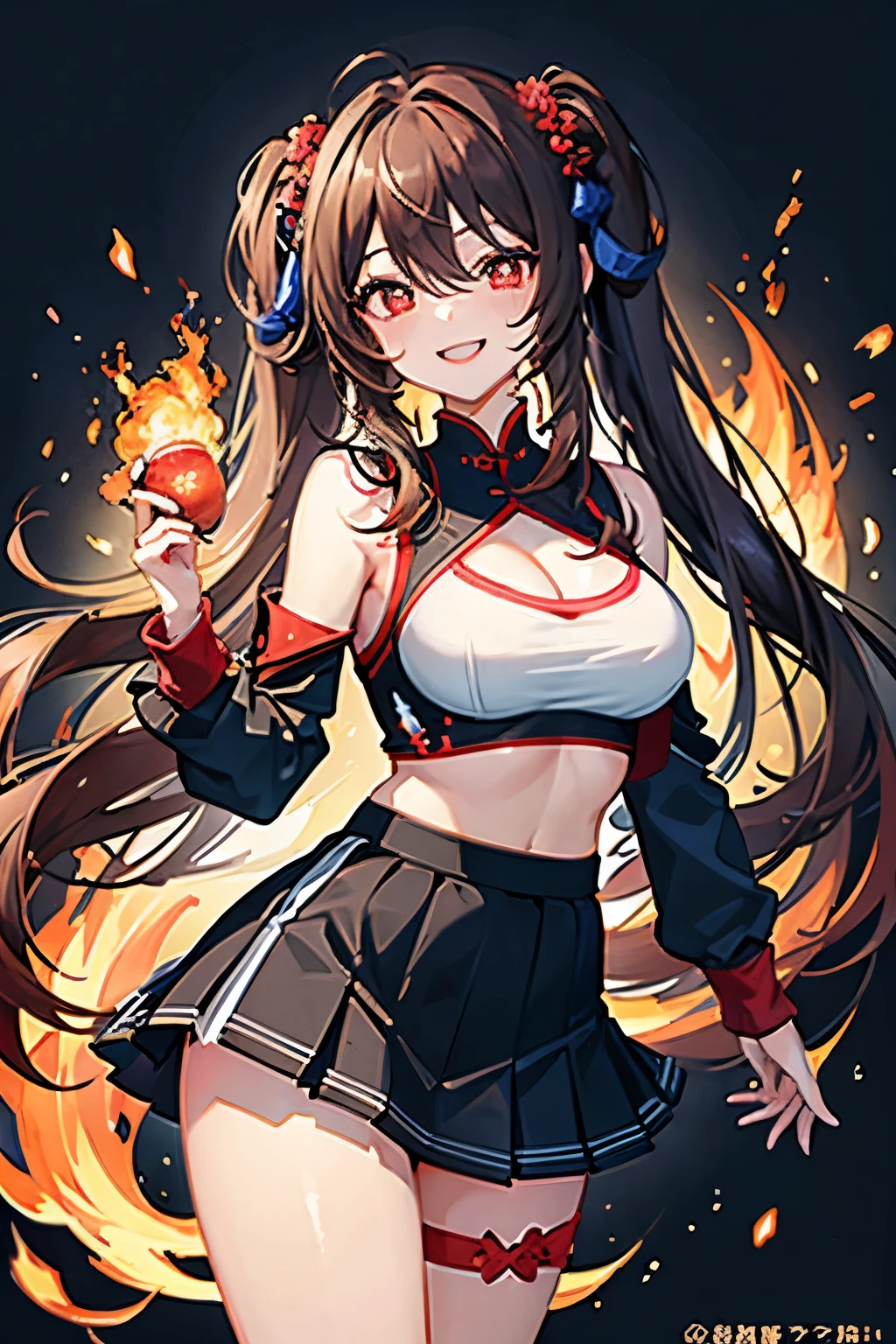 masterpiece, best quality,detailed clothes,1girl, hu tao (genshin impact), red eyes, twintails, brown hair, solo, symbol-shaped pupils, long hair,bangs, black shorts , chinese clothes,(photo realistic:0.8),flower,looking at viewer,flower field,depth of field,fire, large breasts, cleavage, bra, panties, sexy, hot, cheerleader outfit, miniskirt, skirt, pom poms, pom pom, smiling, smile