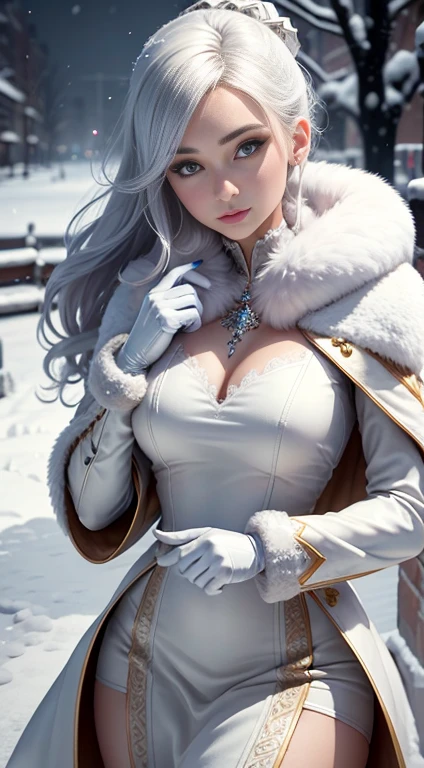 super detailing, realisic skin, beautiful woman in a short fur coat and white gloves, detailed eyes, thin build, there is snow all around