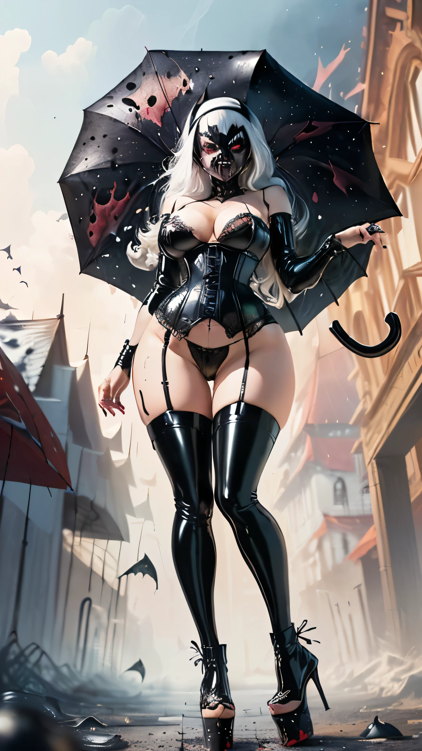 ((best quality)), ((masterpiece)), (detailed), hot young curvy girl, black lava outfit, stocking, white latex slime, beautyful face, high heels, (( long length hair)), ((detailed eyes)), lightning in the background, ((dark castle in the background, ((lace thigh fix), garter belts (((the clothes melt off her))), (((black paint splattered on it))), (flying dragon in a background), white damaged corset, ((her clothes were torn in several places))), high heels boots,white latex lingerie, (nun costume), (((wearing a black mask))), venom, white dark venom, ((black lacy brassiere)), perfect detailed , (detailed eyes), (((platform high heels boots))), hot long legs, ((full body)), hot ass, ((it is photographed from below)), (standing), ((fullbody)), white latex, erotic pose, white corset, (((stockings))), ((( holding a black latex horror umbrella)))