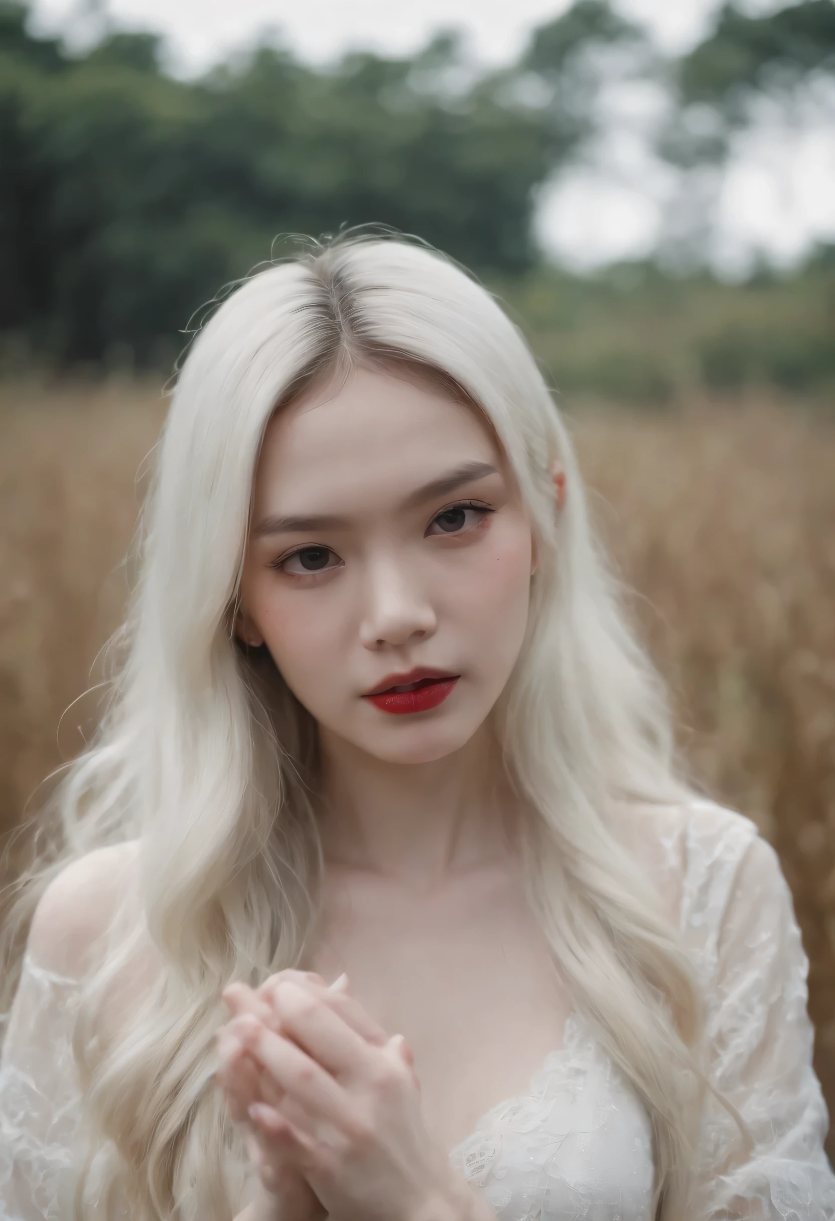 Thailand girl, pale skin, White long hair, There is blood on the cubes, fingers covered in blood, dark moss, high grass ,big boobs, naked