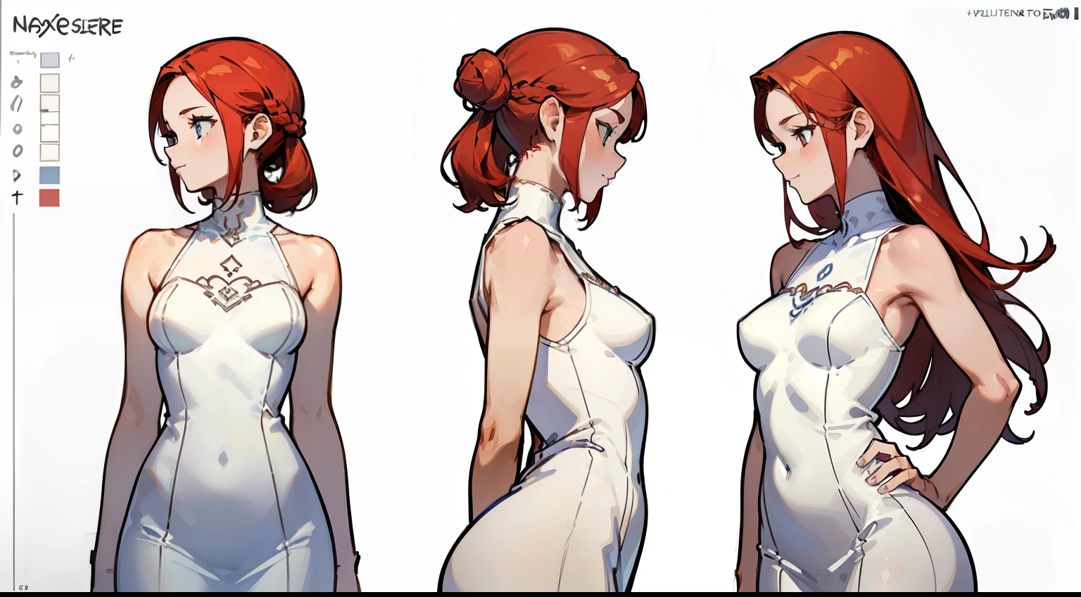 ((highest quality)), ((masterpiece)), ((Realistic)) 19 years old, Redhead girl, Armpit hair, Relaxed happy face ((thin)) (Big Breasts), ((( white bodycon dress))) ((Sexy Dress))Bun hairstyle, (((Detailed character sheet, Front view, Side view, 3/4 Views))) (((White Background))) Six and a half whole bodies