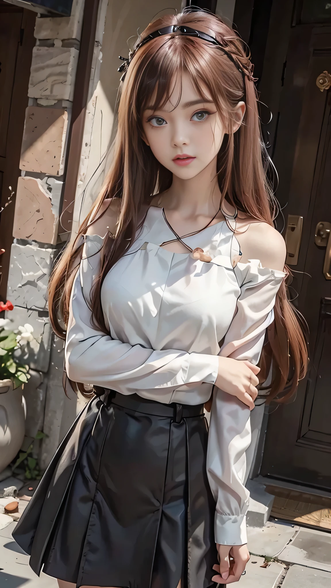 Ellis greyrat, One girl, alone, Long Hair, Ahoge, Red eyes, Redhead, Exposing shoulders,hair band, Arms crossed,blush, skirt, black hair band, chest, Removable sleeves,bangs, Hair between the eyes, Long sleeve, Hair flap, Mouth closed, black skirt, brown skirt, shirt, crossed bangs, very Long Hair, white shirt,Biomes,Point to yourself,shout,anger, 