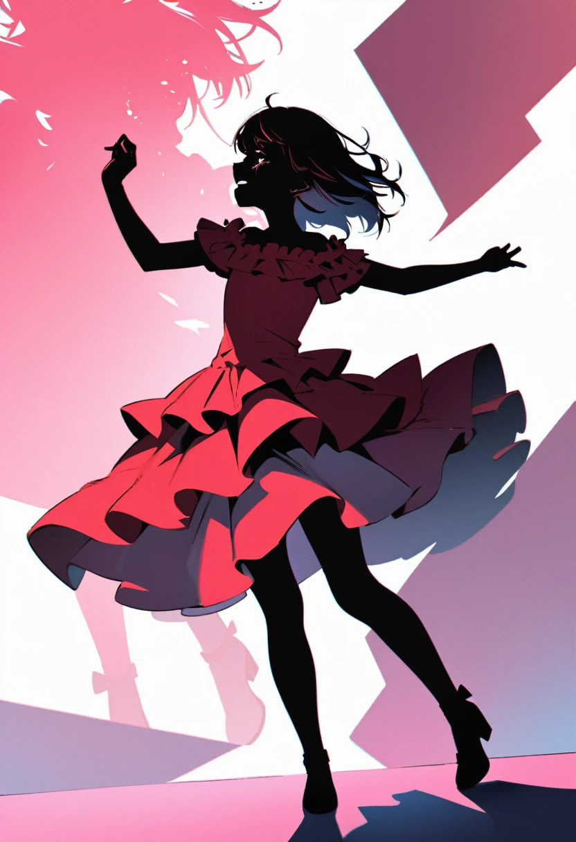(masterpiece, best quality:1.1), (ultra highres, ultra-detailed:1.2) ,1girl, A girl dancing flamenco with tears,tween,cute,Crying loudly,(Scarlet dress),(fullbody,detailed face,(double exposure silhouette:1.5),Layered Dress,blank space, volumetric lighting, dynamic angle, dynamic pose,popart style,