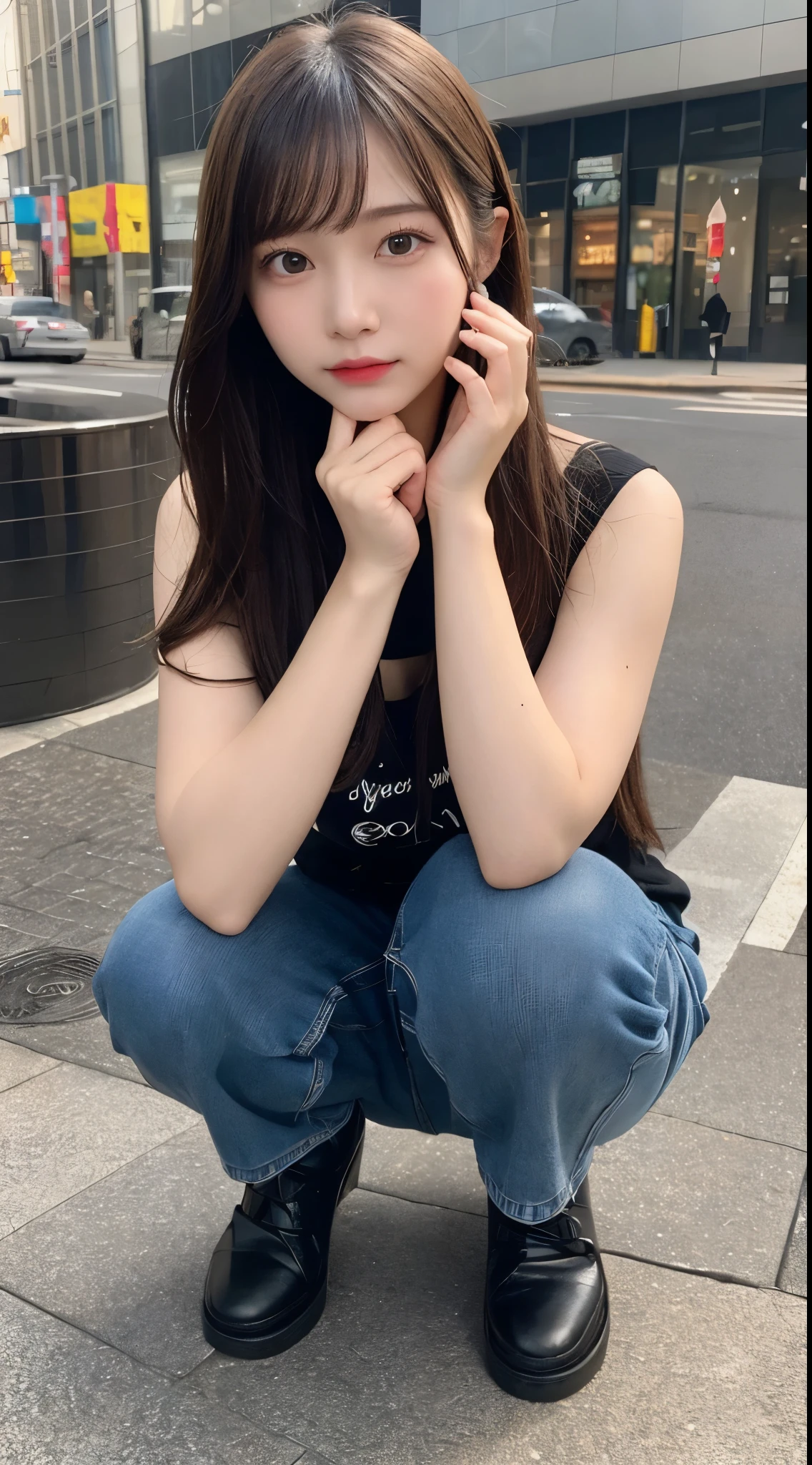 In detail, High resolution, high quality、Perfect dynamic composition, Beautiful fine details, Medium Hair, 、Natural color lip,Kamimei、Shibuya Ward、20-year-old girl、1 person、Clear Skin、Shiny Hair、Tabletop, 最high quality, figure, Super detailed, In detail, High resolution, 8k、The correct state of the human body、squat、Sculpture model pose，Photograph of hair fluttering in the wind