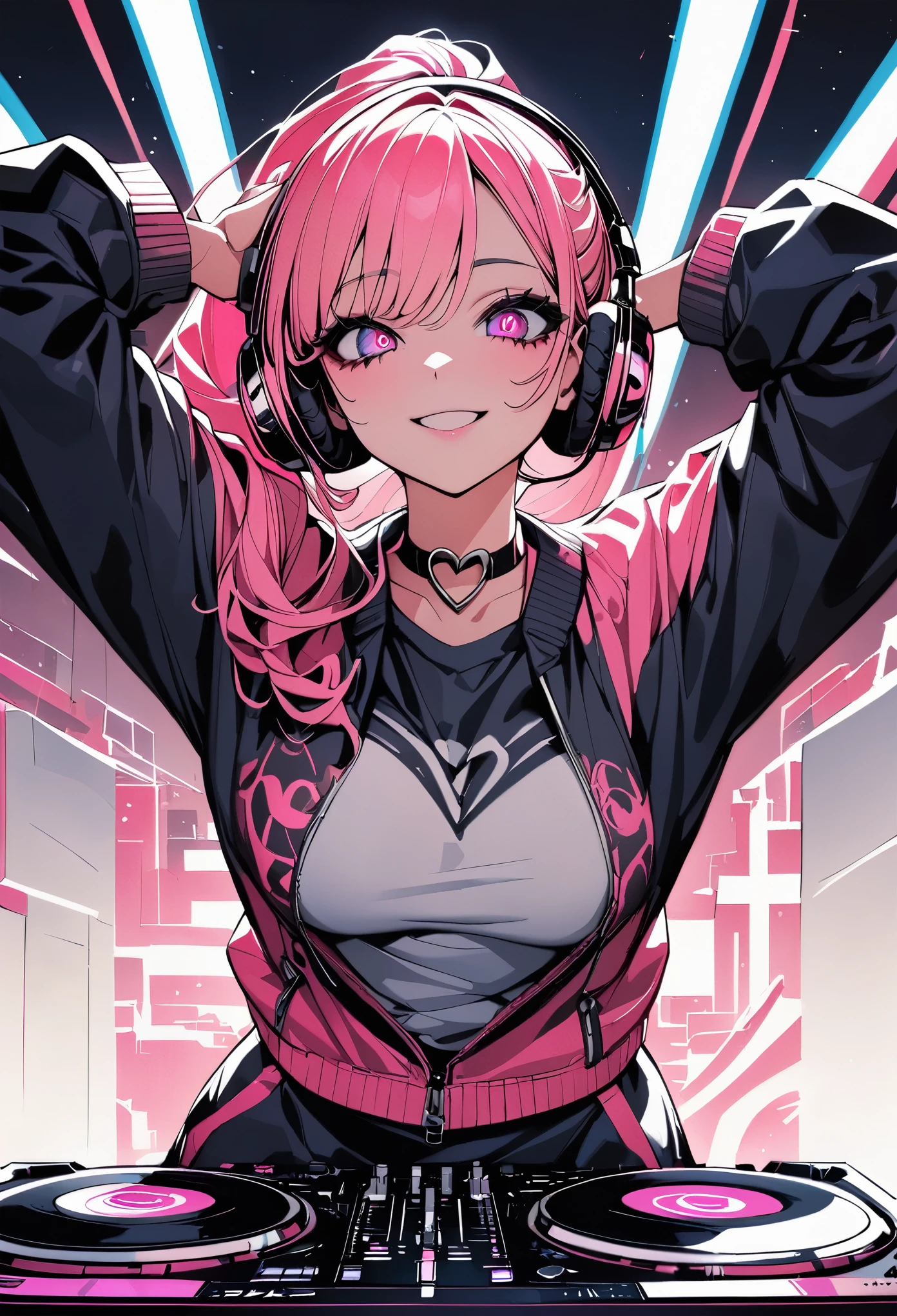 (highest quality:1.2, Very detailed, Latest, Vibrant, Super detailed, High Contrast, masterpiece:1.2, highest quality, Best aesthetics, aesthetic: 1.2), woman, Pink Long Hair, Beautiful breasts, DJ, (Pink detailed eyes, Beautiful Eyes), smile, Light background , Heart-shaped choker, (Pop Art), colorful,Pink long ponytail hair, Eye of the symbol, +__+, Hip-hop costumes, listening to music on headphones, Looking up, DJ Style, 