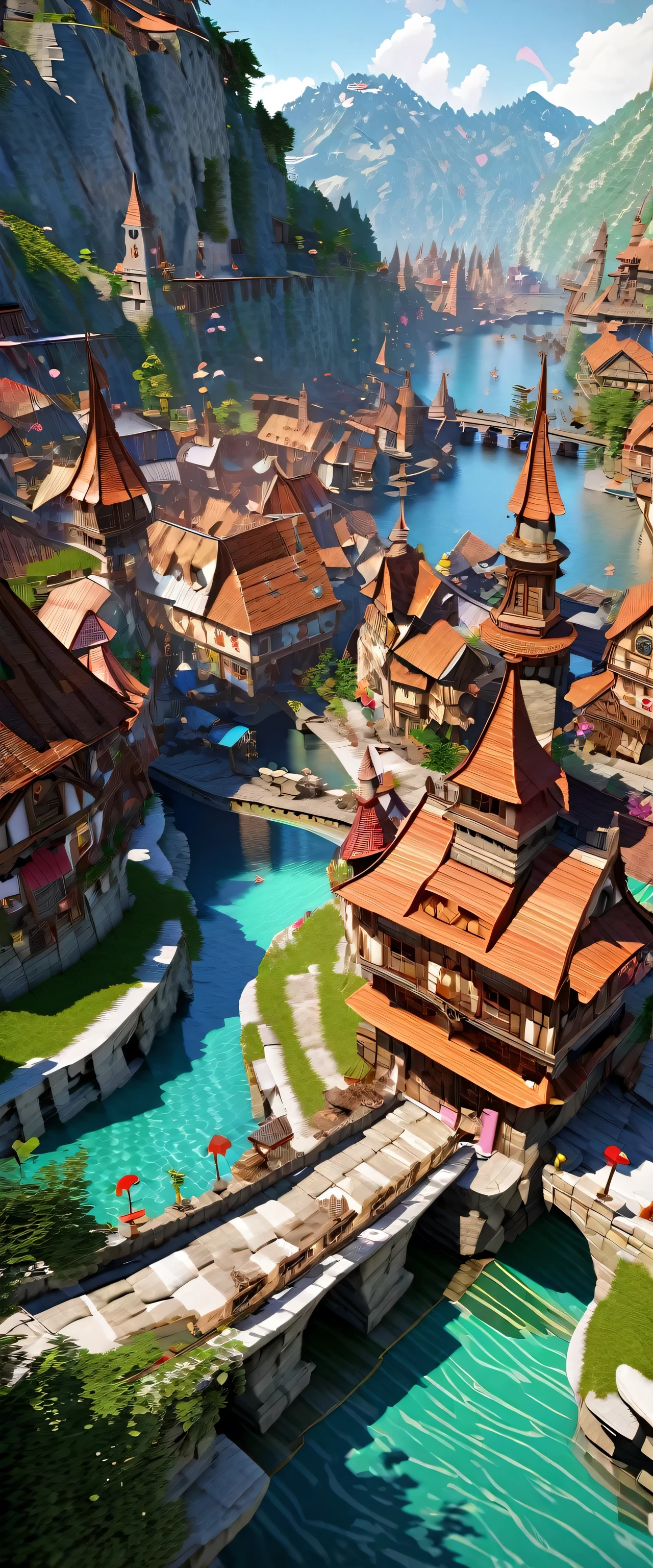 Fantasy painting of a riverside village, Render in Cinema4D, Bulbous, Precise nautical details, Creative character design, Whimsical cartoon style, 32k uhd --ar 2:1