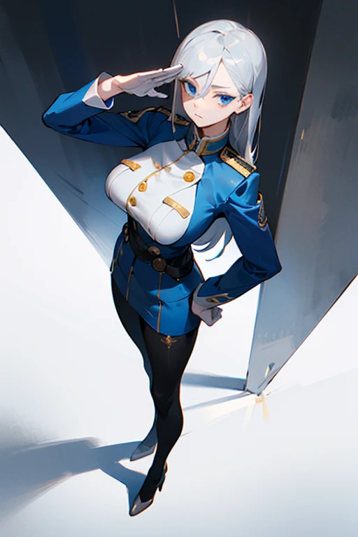 ((best quality)), ((masterpiece)), (detailed), officer woman, perfect face, neck length silver hair, perfect eyes, blue eyes, detailed eyes, somber expression, full body shot, low angle, tight uniform, neat uniform, straight back, standing upright, holding a salute, standing tall, black leggings