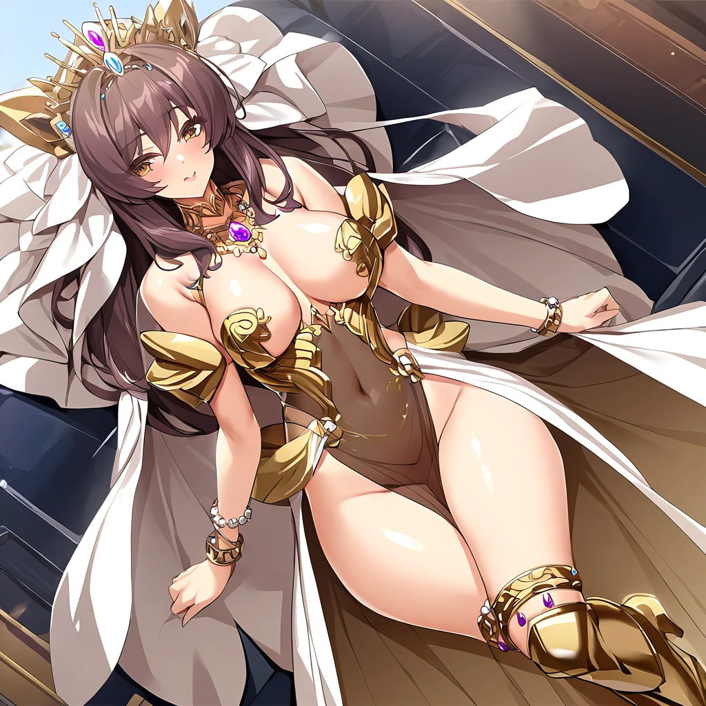 ((highest quality)), ((masterpiece)), (detailed), （Perfect Face）、The woman is Marina Katsuragi and has long brown hair.、A gorgeous gold long slit see-through dress that lets you see through to the skin, a see-through cape with fur, a jeweled necklace, a tiara, earrings, a head dress up chain, a waist chain, bracelets, ankle bracelets, etc.々She wears lavish jewelry and shiny gold boots.