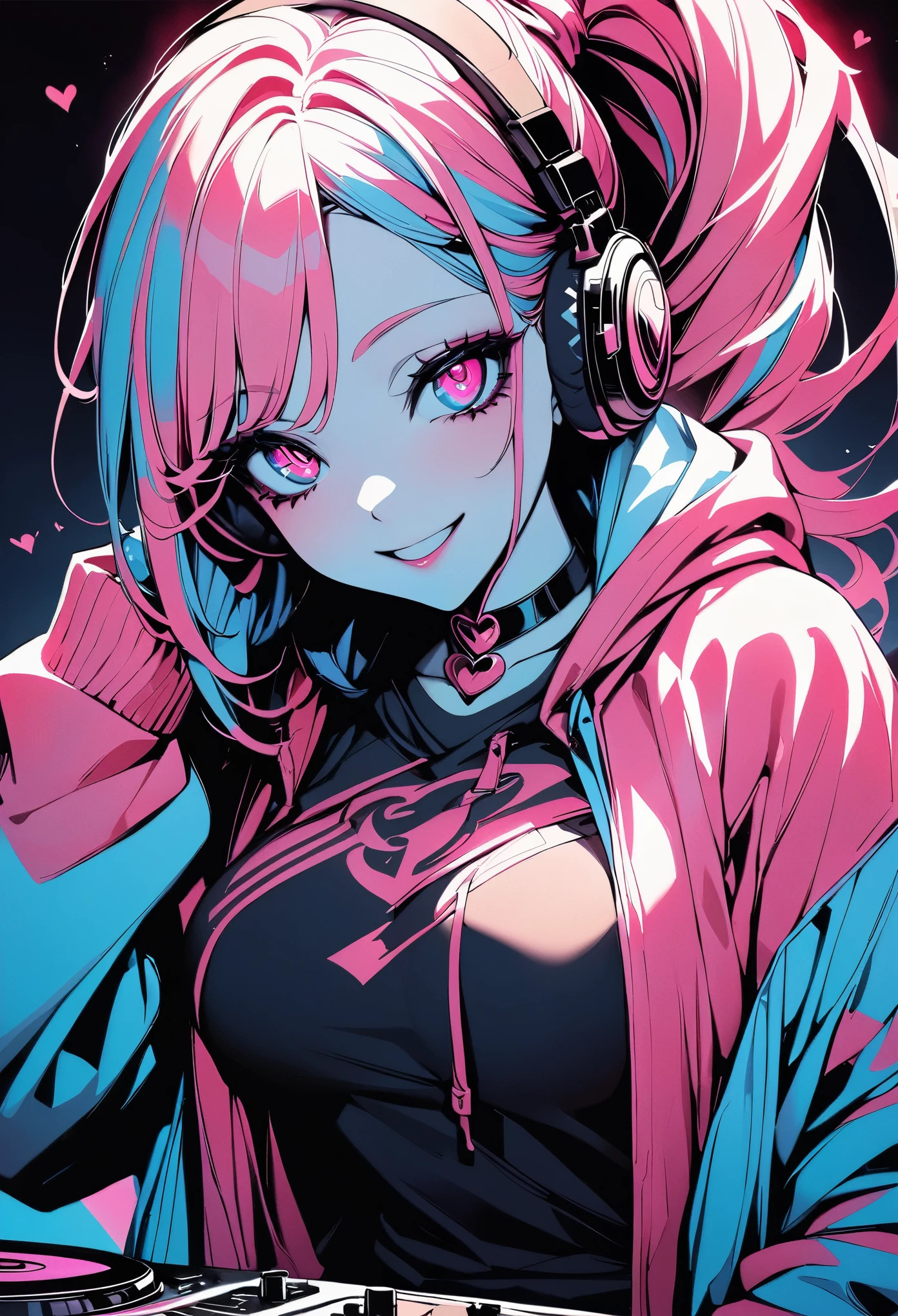 (highest quality:1.2, Very detailed, Latest, Vibrant, Super detailed, High Contrast, masterpiece:1.2, highest quality, Best aesthetics, aesthetic: 1.2), woman, Pink Long Hair, Beautiful breasts, DJ, (Pink detailed eyes, Beautiful Eyes), smile, Light background , Heart-shaped choker, (Pop Art), colorful,Pink long ponytail hair, Eye of the symbol, +__+, Hip-hop costumes, listening to music on headphones, Looking up, DJ Style,