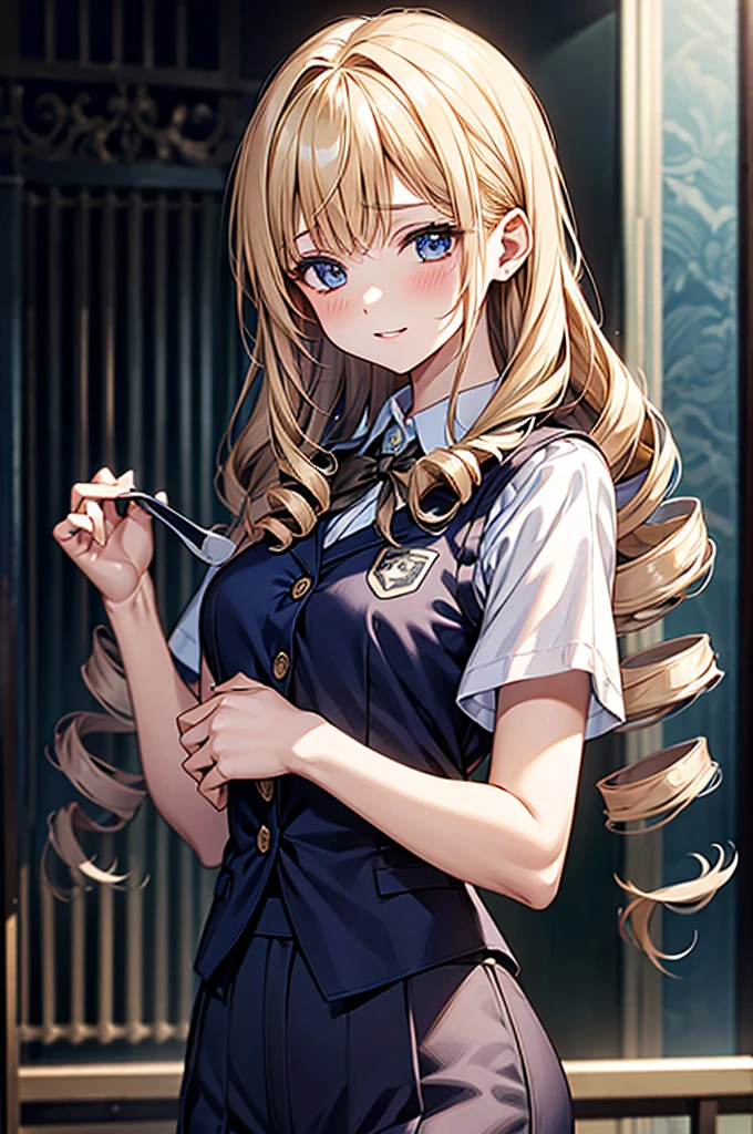 masterpiece、highest quality、Super detailed、An illustration、Beautiful detailed eyes、One girl、cute、Detailed landscape、Background of school grounds、(Blonde, Vertically curled drill hair:1.4)、((D cup breasts, Collared short-sleeved shirt:1.3, A navy blue vest with the school emblem on the chest, Navy blue slacks))