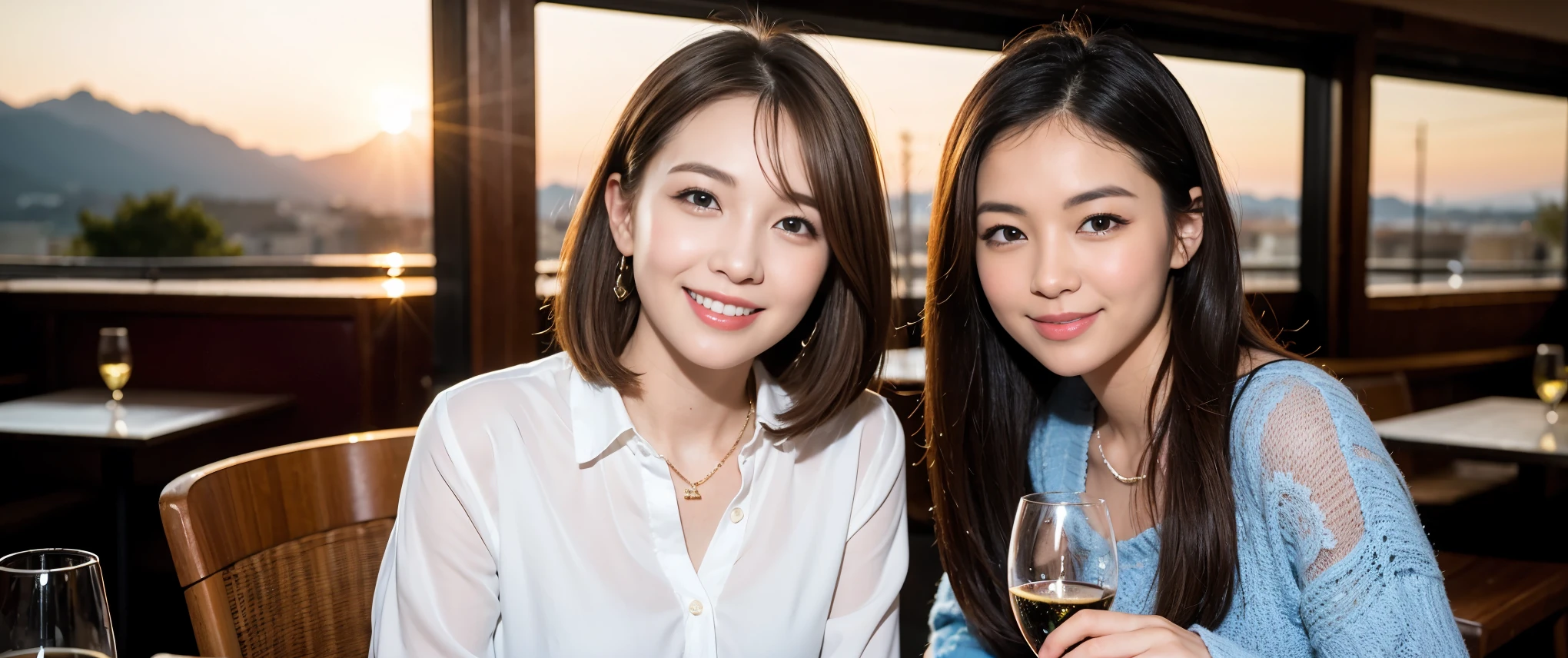 ((highest quality、8k、masterpiece:1.3))、1 male、1 female、Couple、Spouse、Couple、The body is slim、((Bob Hale、Straight hair:1.2)), (Realistic, Intricate details:1.2), テーブルの上のwine glass、Put the light on your face、 Amazing view of the sunset sky and clouds、Amazing mountain views、A bright smile、The wonderfulness of smile、Bright image、The beauty of wine, Beautiful Face, blue eyes, The light shines on your face, Blushing, short hair,Bright Face、 (Age 37), 39 years old, red wine 、Appetizers、Italian food、Wine bottle、Champagne、sparkling wine、Two beauties、Brown Hair、Shortcuts、Long sleeve shirt、dress、Pretty Woman 1, (slimな顔), (The body is slim), (Brown Hair), (Shortcuts), cheeks turn a little red,Attractive beauty、restaurant, In a prominent place (From the waist up) Nova Frog Style, actress, model, Upper Body, White wine, slim, wine glass, 中央に置かれたwine glass, smile, (smile: 1.15), Beautiful fine grain, Depth f/2,saturation, High Contrast, Strong light and shadow,Moist Body:1.5、3D texture、Delicate eyes、Brown Hair、The hair is very shiny、