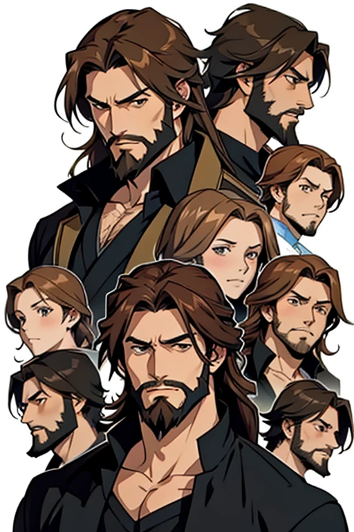 A list of 20 different facial expressions of the same Anime guy with long brown hair and a beard 