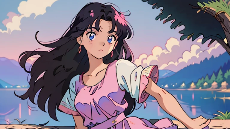 90s anime style，masterpiece，highest quality，highest quality，Realistically，Perfect Anatomy，Perfect Face，Perfect Eyes，Viederdos Pink Dress，One girl，solo，Brunette color hair，Shift dress，Blue Eyes，hair band，Long black hair，Pink Dress，Black Silk，赤いhair band，outside of home