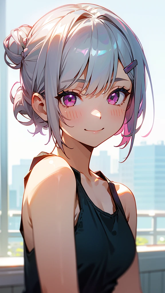 １girl、Short silver bob hair tied in a bun with a hair clip, Pink Eyes、smile、really like、Tank top、Upper body close-up、Morning Cafe Terrace、Background blur, Written boundary depth