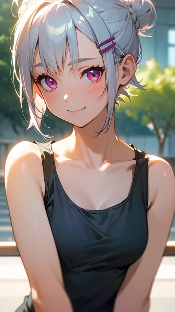 １girl、Short silver bob hair tied in a bun with a hair clip, Pink Eyes、smile、really like、Tank top、Upper body close-up、Morning Cafe Terrace、Background blur, Written boundary depth