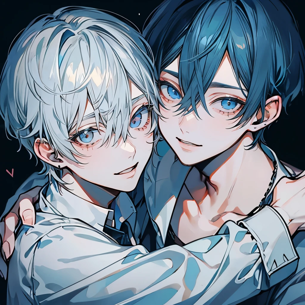 boy（（White eyes））(masterpiece), (highest quality), Very detailed, ((Two men become intimate:1.5)), Perfect Face, Beautiful Face, Very detailedな顔，(Light blue hair)、shirt、(smile:1.2)