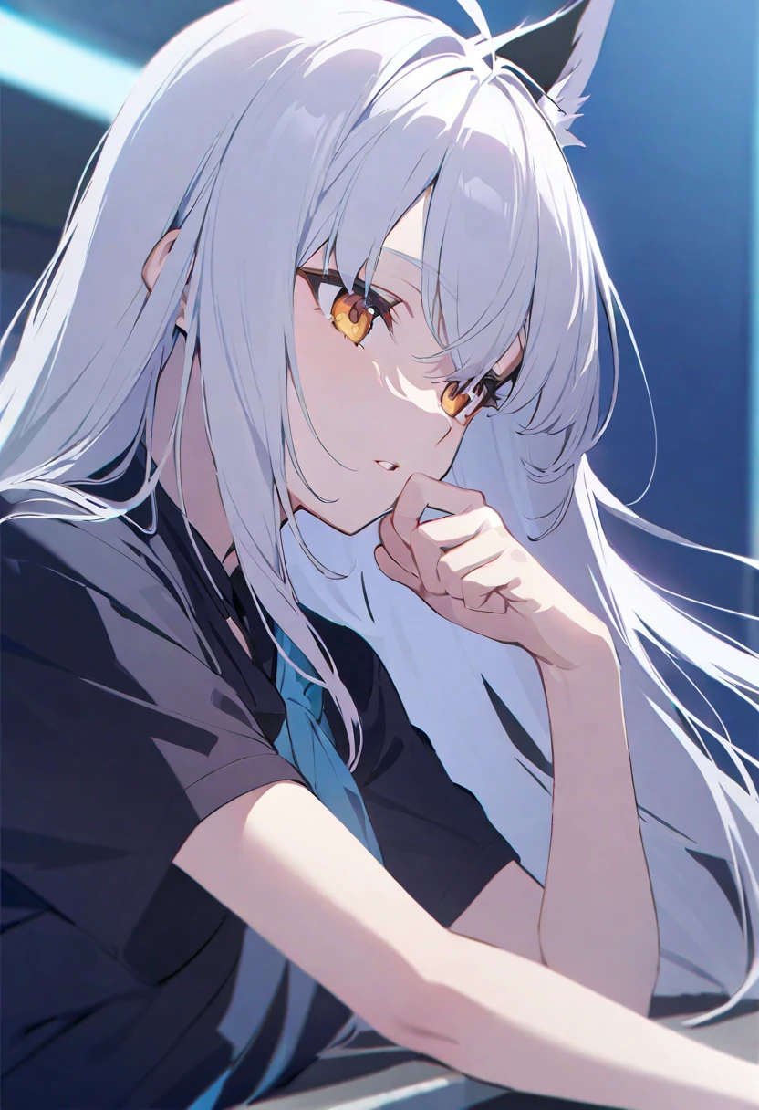 Shirakami-Fubuki/(Hololive/), vivid, detailed skin, High details, 8K,silber hair、Semi-long hair,{{{{{{{{ Black Parker Oversize }}}}}}}},beautiful and delicate golden eyes,Thinking,Black clothes,