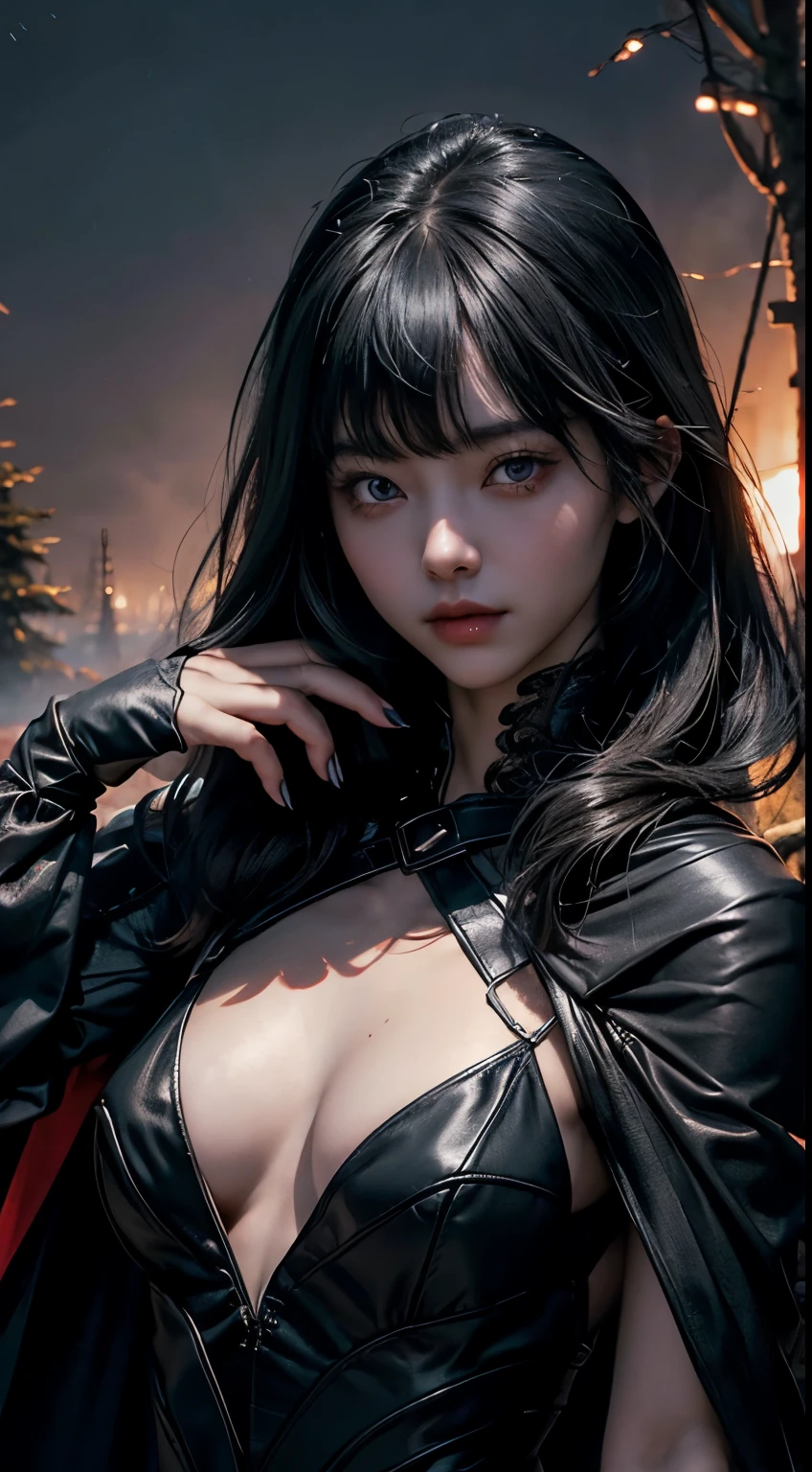 (8K, Raw photography, top-quality, ​masterpiece:1.2),  One Woman、Japan at the age of 18,fullllbody.{scinematic angle、Wide Angle、Don't split the screen、}（Realistic Skins 1.4）、（（（Vampire、Black hood、Black cloak、Goth  costume、Do not show the skin、）））、（（（In the dark forest、Pitch black night、Deep fog）））（（Blood dripping from the mouth、Red Eyes、Black and long nails））、50mm Lens、30mm film、wide angles、（long、straight haired、）、（A dark-haired、The forehead is hidden by bangs、）、Black eyes、shinny skin.Beautiful delicate face、Beautiful delicate eyes、｛tiny chest、uscular body、｝、