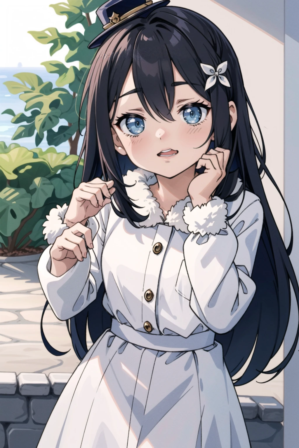 maionese shigure, 1 garota, seios, olhando para o espectador, corar, sorriso, cabelo curto, boca aberta, franja, hair ornament, Orelhas de animais, cabelo entre os olhos, medium seios, olhos roxos, presilha de cabelo, Olhos rosa, crossed franja, cabelo verde claro, orelhas de doninha, luvas, fur trim, jaqueta cinza, Grey hat, cauda de animal