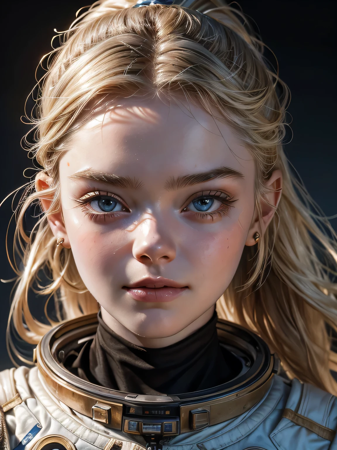 A photorealistic extreme close-up portrait of a young Elle Fanning, twenty five years old, looking directly at the viewer, looking squarely at viewer, wide jaw, strong chin, closeup, close-up, with light makeup, Extremely detailed eyes, blonde hair tied in a ponytail, hair framing face, cheeky smile, one eyebrow raised, A detailed symmetrical realistic face, realistically detailed NASA spacesuit, highly detailed natural texture, master piece, absurdes, extremely detailed, astonishing, fine detail, couleurs riches, Hyper realistic texture, dramatic lighting

