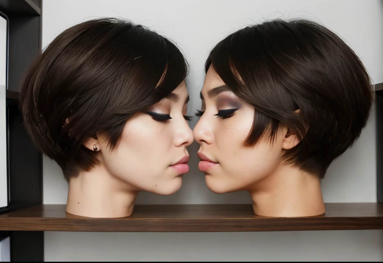 ((disembodied heads on shelf)), cute asians, wearing makeup, highly detailed skin texture, (eyes closed), (realistic), realistic lighting, (best image, best quality)