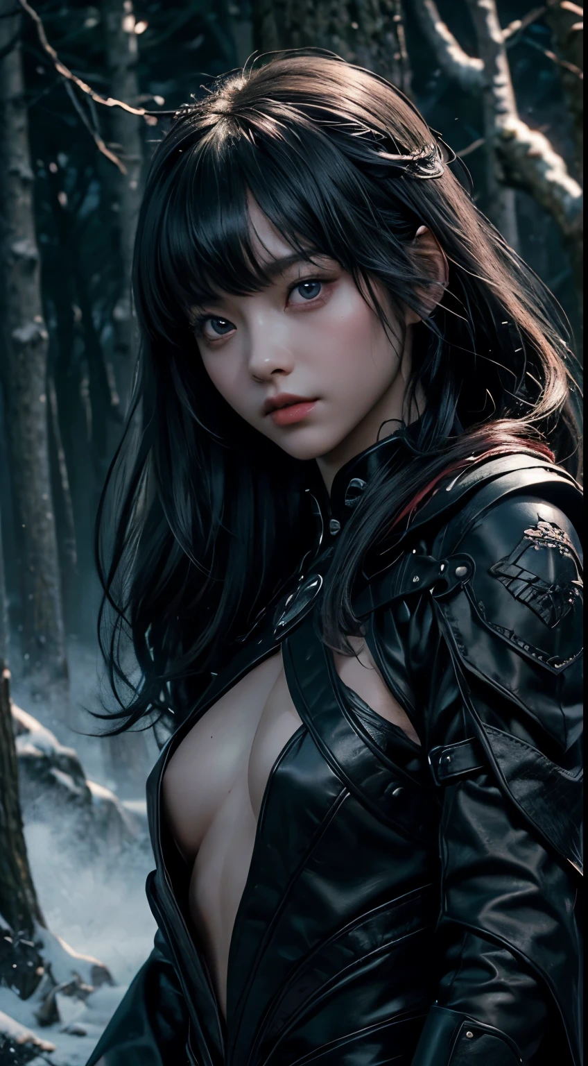 (8K, Raw photography, top-quality, ​masterpiece:1.2),  One Woman、Japan at the age of 18,fullllbody.{scinematic angle、Wide Angle、Don't split the screen、}（Realistic Skins 1.4）、（（（Vampire、Black hood、Black cloak、Goth  costume、Do not show the skin、）））、（（（In the dark forest、Pitch black night、Deep fog）））（（Blood dripping from the mouth、Red Eyes、Black and long nails））、50mm Lens、30mm film、wide angles、（long、straight haired、）、（A dark-haired、The forehead is hidden by bangs、）、Black eyes、shinny skin.Beautiful delicate face、Beautiful delicate eyes、｛tiny chest、uscular body、｝、