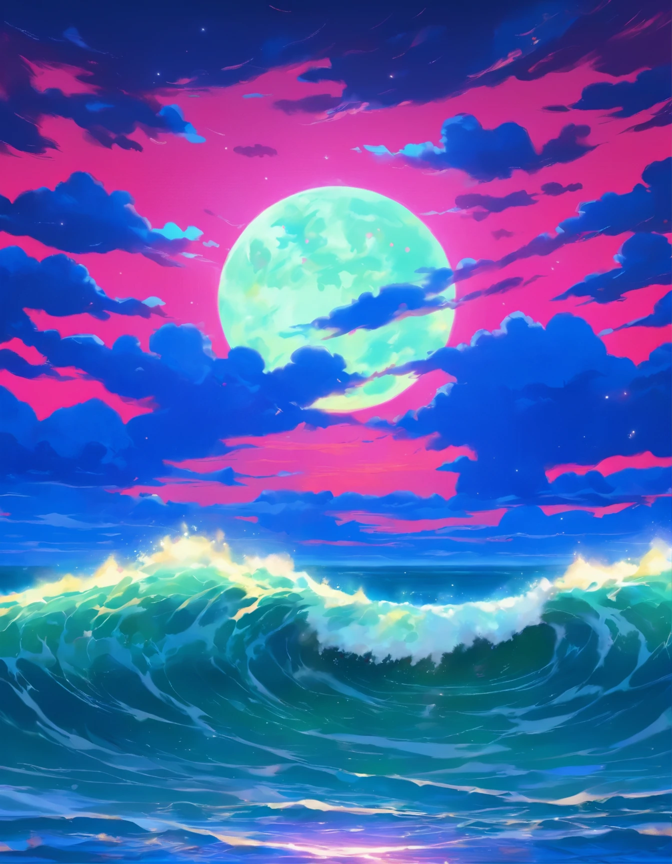 a painting of a full moon over the ocean with waves, by David B. Mattingly, by Laura Wheeler Waring, by Michael Sutfin, by Craig Thompson, by Hamish MacDonald, by Joe Mangrum, laurent durieux, by Neil Welliver, moonlit ocean, by Chris Rallis, by Eric Dinyer, douglas smith, by George Morrison