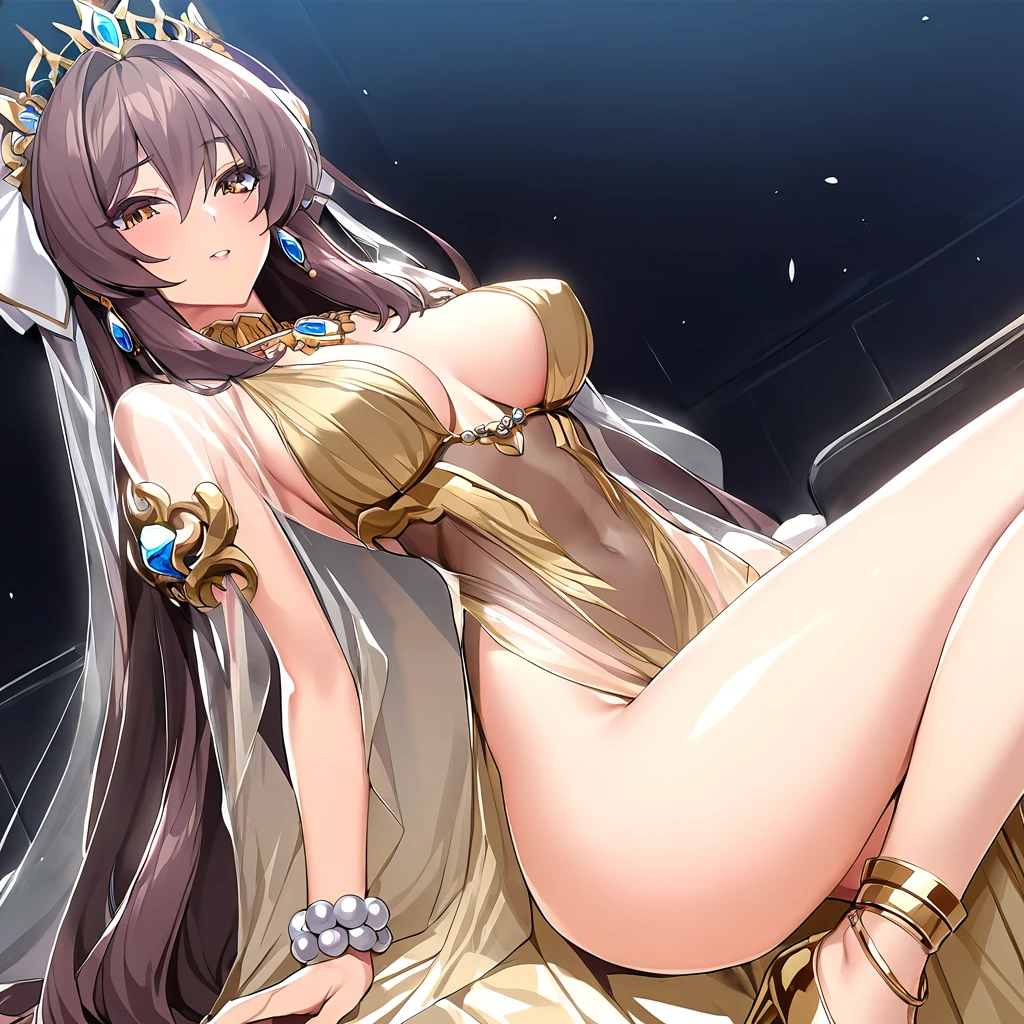 ((highest quality)), ((masterpiece)), (detailed), (Perfect Face)、The woman is Marina Katsuragi and has long brown hair.、A gorgeous gold long slit see-through dress that lets you see through to the skin, a see-through cape with fur, a jeweled necklace, a tiara, earrings, a head dress up chain, a waist chain, bracelets, ankle bracelets, etc.々She wears lavish jewelry and shiny gold boots.