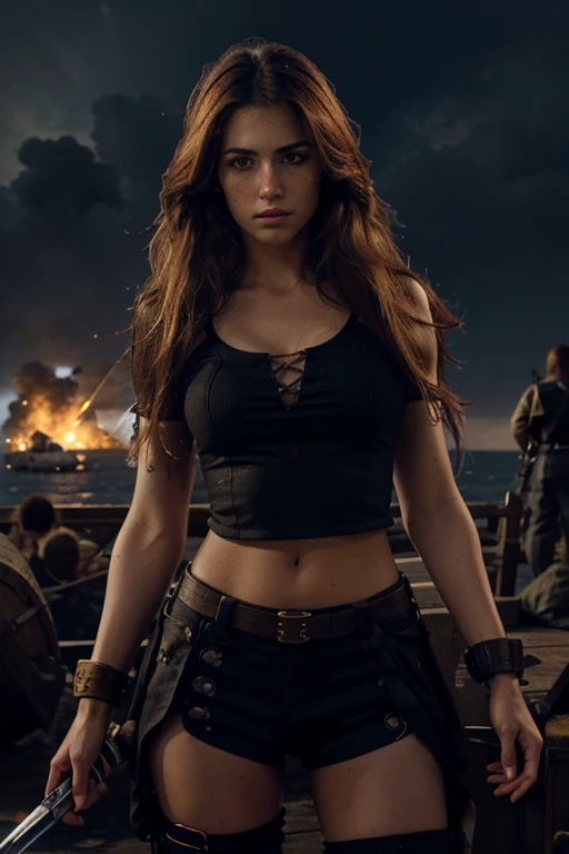 (Ultra quality: 1.2), (Ultra detailed: 1.2), (Ultra detailed clothing: 1.2), (Ultra detailed face: 1.2), (Ultra detailed eyes: 1.2), (Ultra detailed body: 1.2), (Ultra detailed weapons :1.2), 1 woman pirate, standing on deck, different hair colors, sword fights, battlefield in the background, fire in the background, night, epic light, dramatic sky