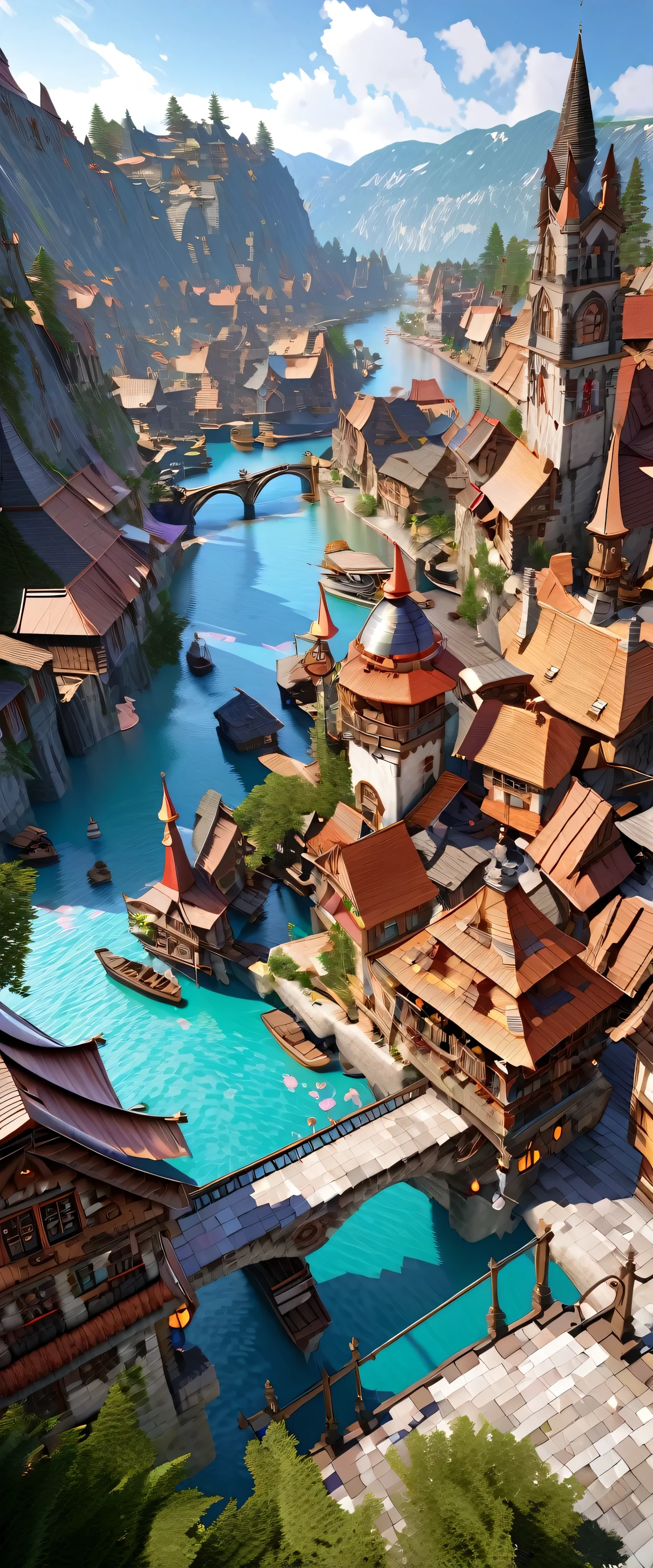 Fantasy painting of a riverside village, Render in Cinema4D, Bulbous, Precise nautical details, Creative character design, Whimsical cartoon style, 32k uhd --ar 2:1