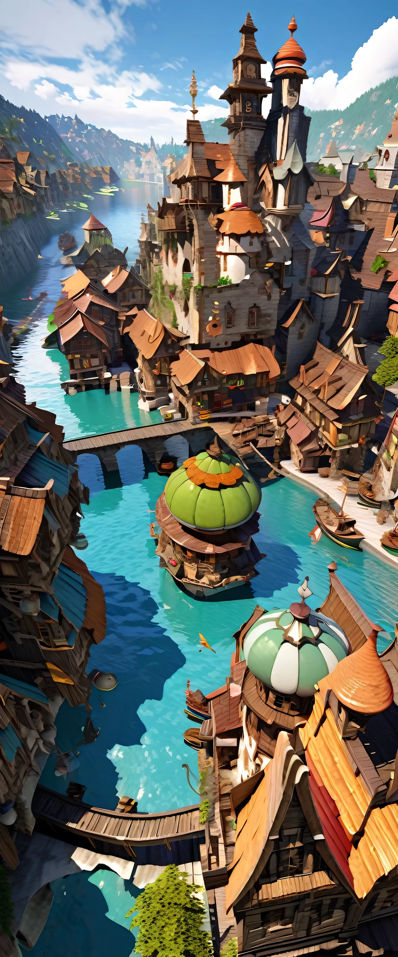 Fantasy painting of a riverside village, Render in Cinema4D, Bulbous, Precise nautical details, Creative character design, Whimsical cartoon style, 32k uhd --ar 2:1