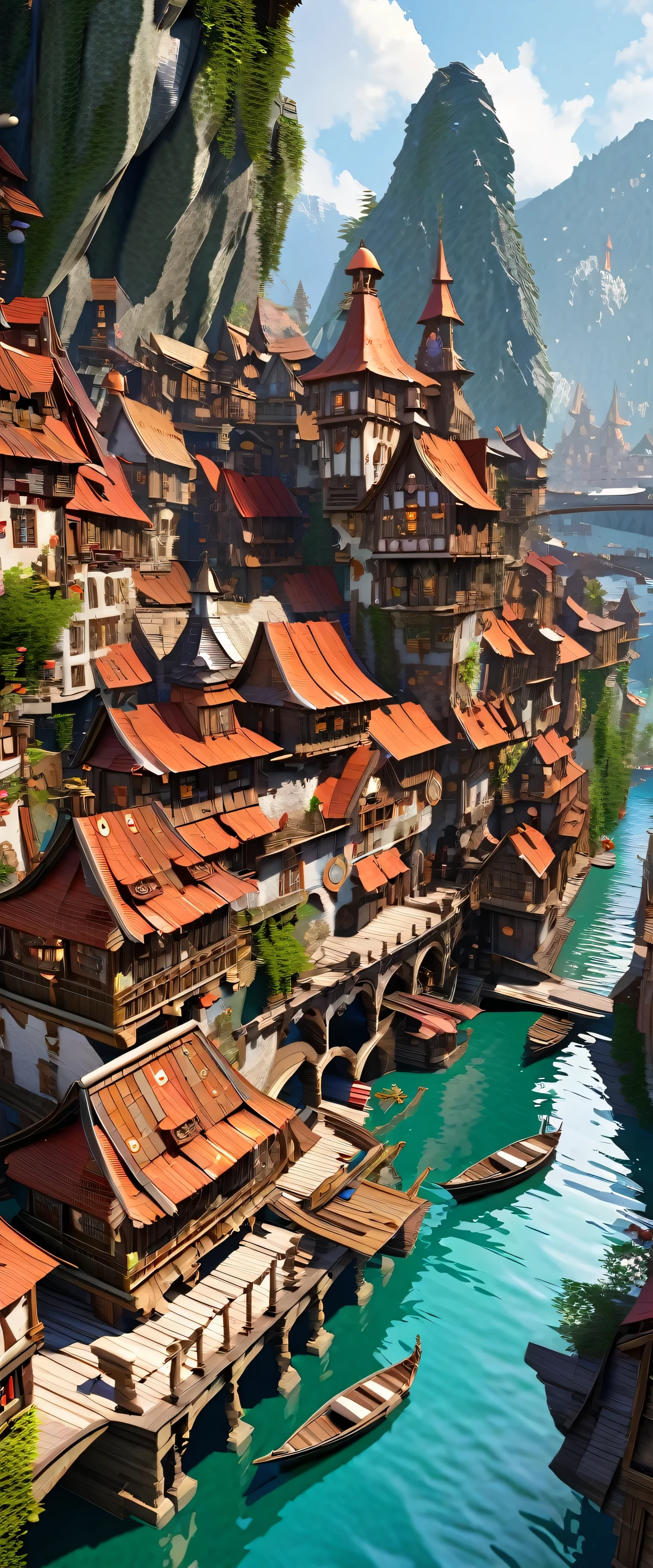 Fantasy painting of a riverside village, Render in Cinema4D, Bulbous, Precise nautical details, Creative character design, Whimsical cartoon style, 32k uhd --ar 2:1