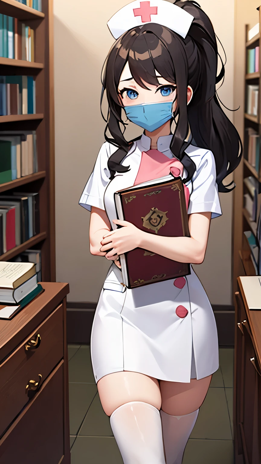 (masterpiece, best quality, detailed), 1girl, solo, looking at viewer, hilda pokemon, high ponytail, long hair, blue eyes, nurse, nurse uniform, white thighhighs, nurse cap, id card, white dress, indoors, library, bookshelf, book, book stack, covering face, blush