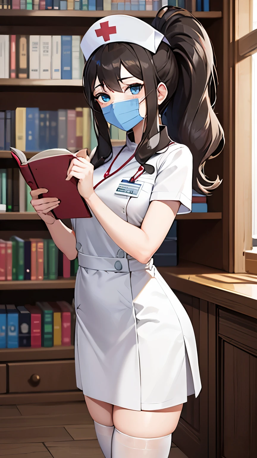 (masterpiece, best quality, detailed), 1girl, solo, looking at viewer, hilda pokemon, high ponytail, long hair, blue eyes, nurse, nurse uniform, white thighhighs, nurse cap, id card, white dress, indoors, library, bookshelf, book, book stack, covering face, blush